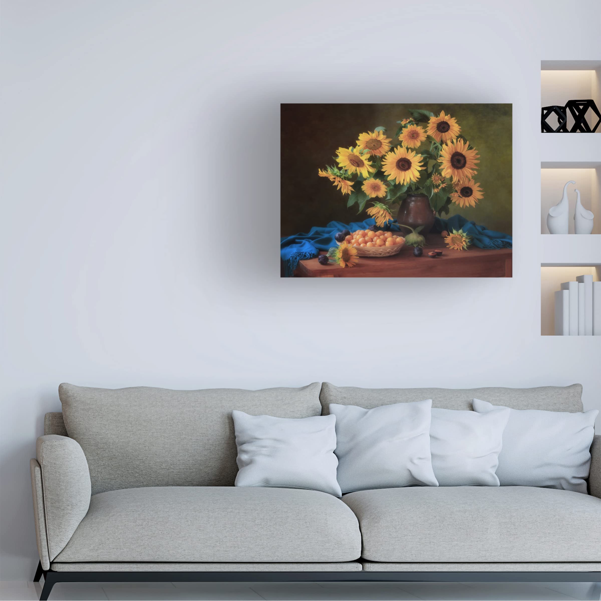 Trademark Fine Art 'Still Life With Sunflowers And Plums' Canvas Wall Art Print by Tatyana Skorokhod - Handmade Oil Painting Reproduction for Living Room, Bedroom & Office Decor