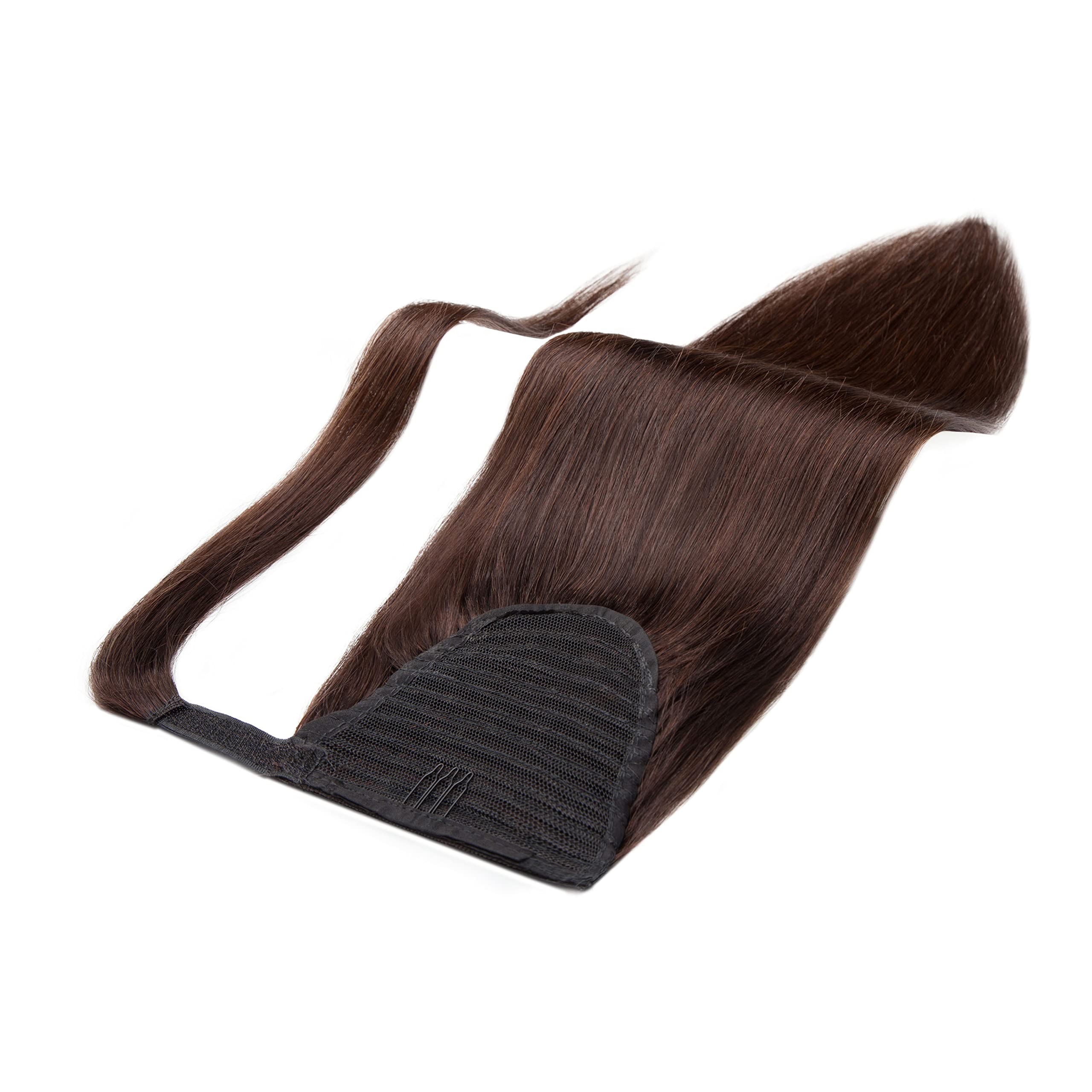 20 Inch Dark Brown Human Hair Ponytail Extensions for Women - Straight Clip-in Ponytail with Comb & Magic Paste Binding | Perfect for Parties, Weddings & Everyday Styling | #2 Hair Color