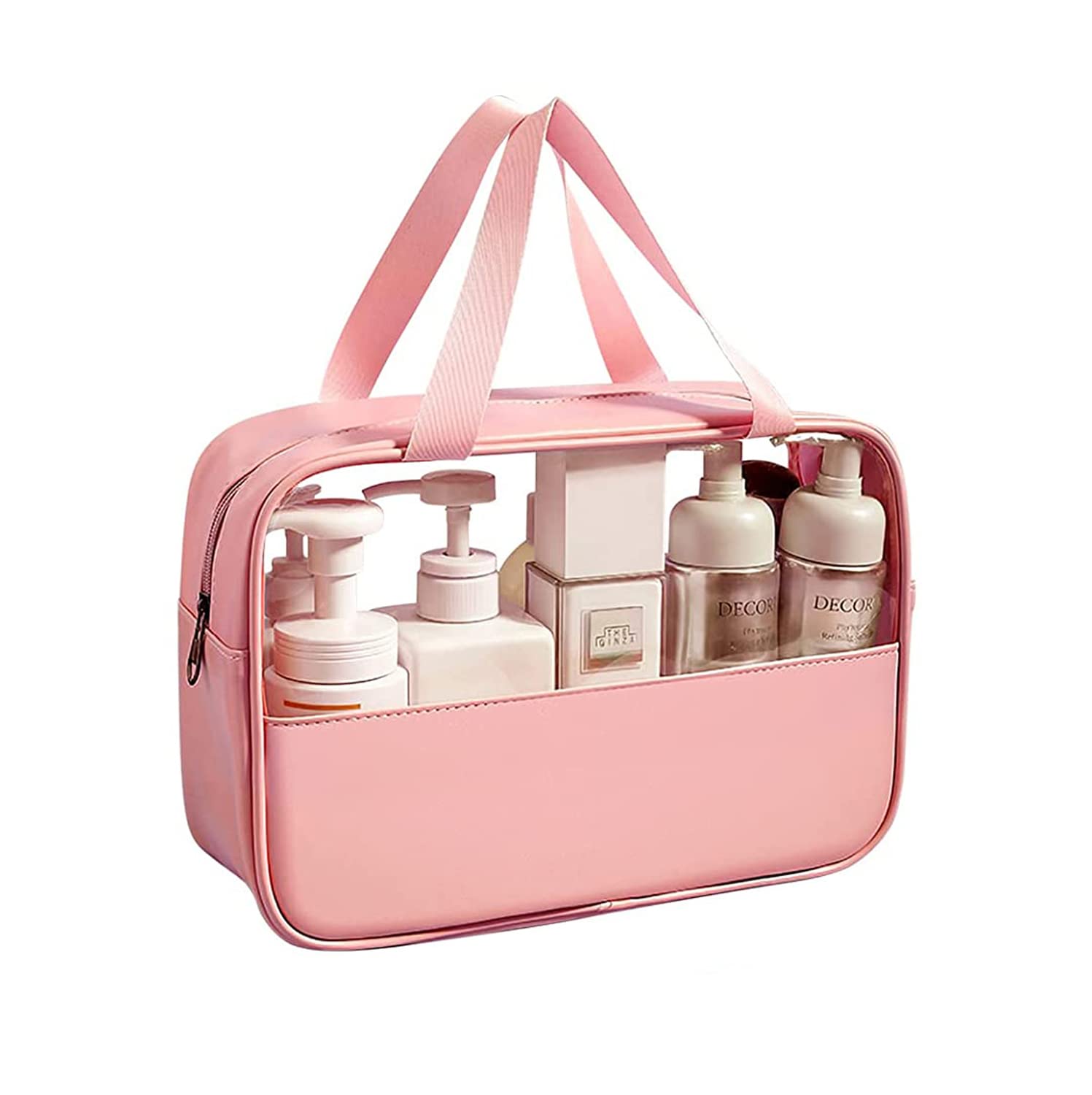 Luxula Clear PVC Travel Cosmetic Bag - Waterproof Makeup Organizer & Toiletry Pouch for Women & Girls (Pink, Large Size) - Perfect for Air Travel, Gym, Beach & Daily Essentials Storage