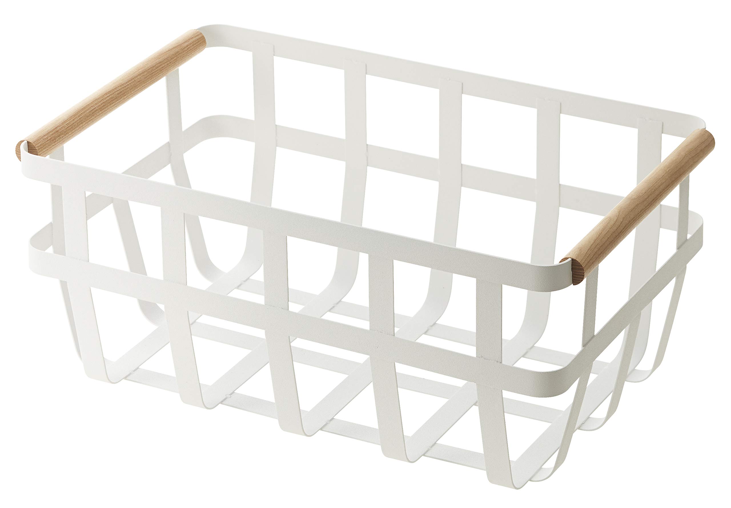 YAMAZAKI Home 2507 White Storage Basket with Dual Handles - Small Wood Handle Organizer for Bathroom, Kitchen, and Closet Storage - Compact Home Organization Solution
