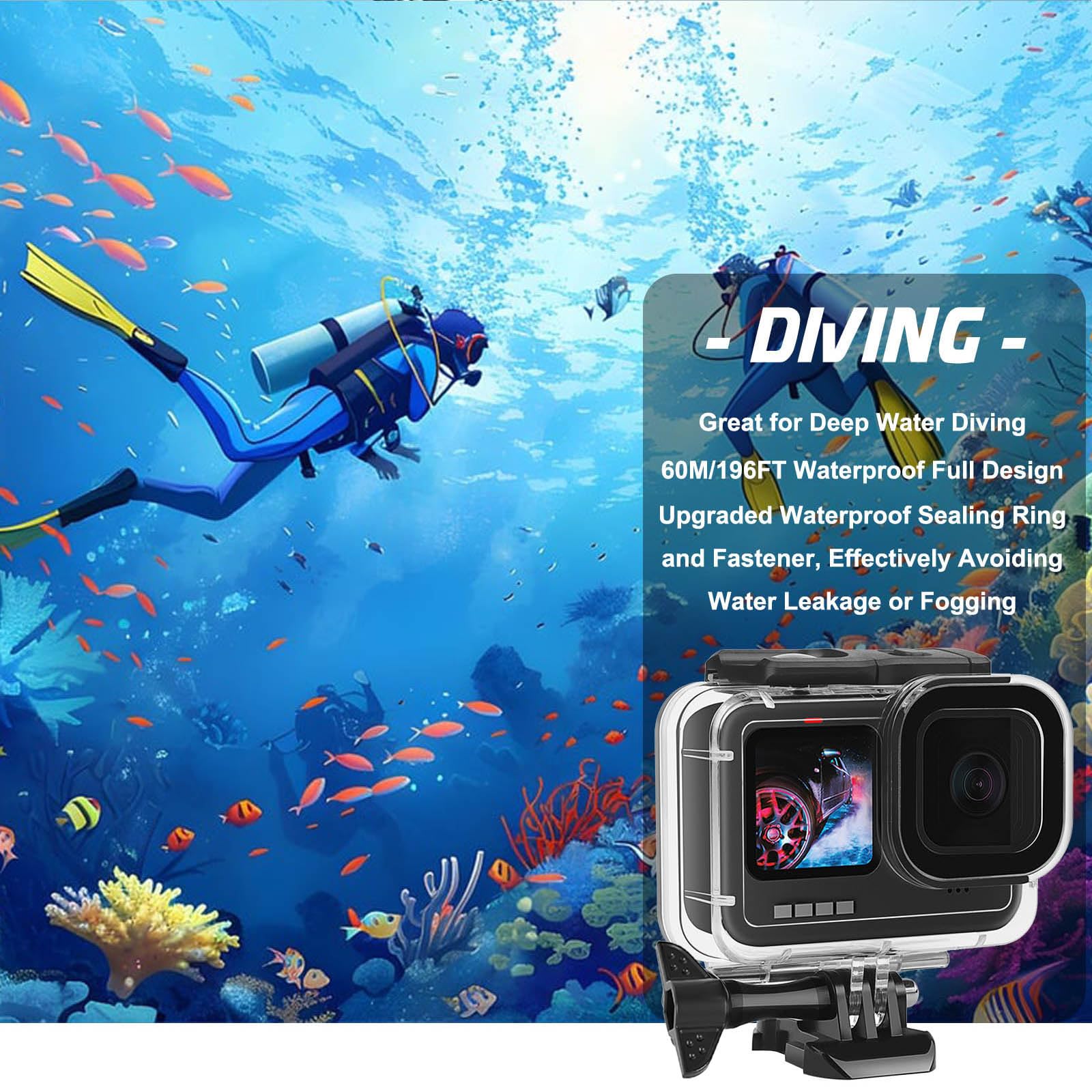 GoPro Hero 13 12 11 10 9 Black Waterproof Housing Case - 60M/196FT Underwater Diving Protection with Camera Handle Mount | Perfect for Scuba Diving, Snorkeling, Surfing & Water Sports