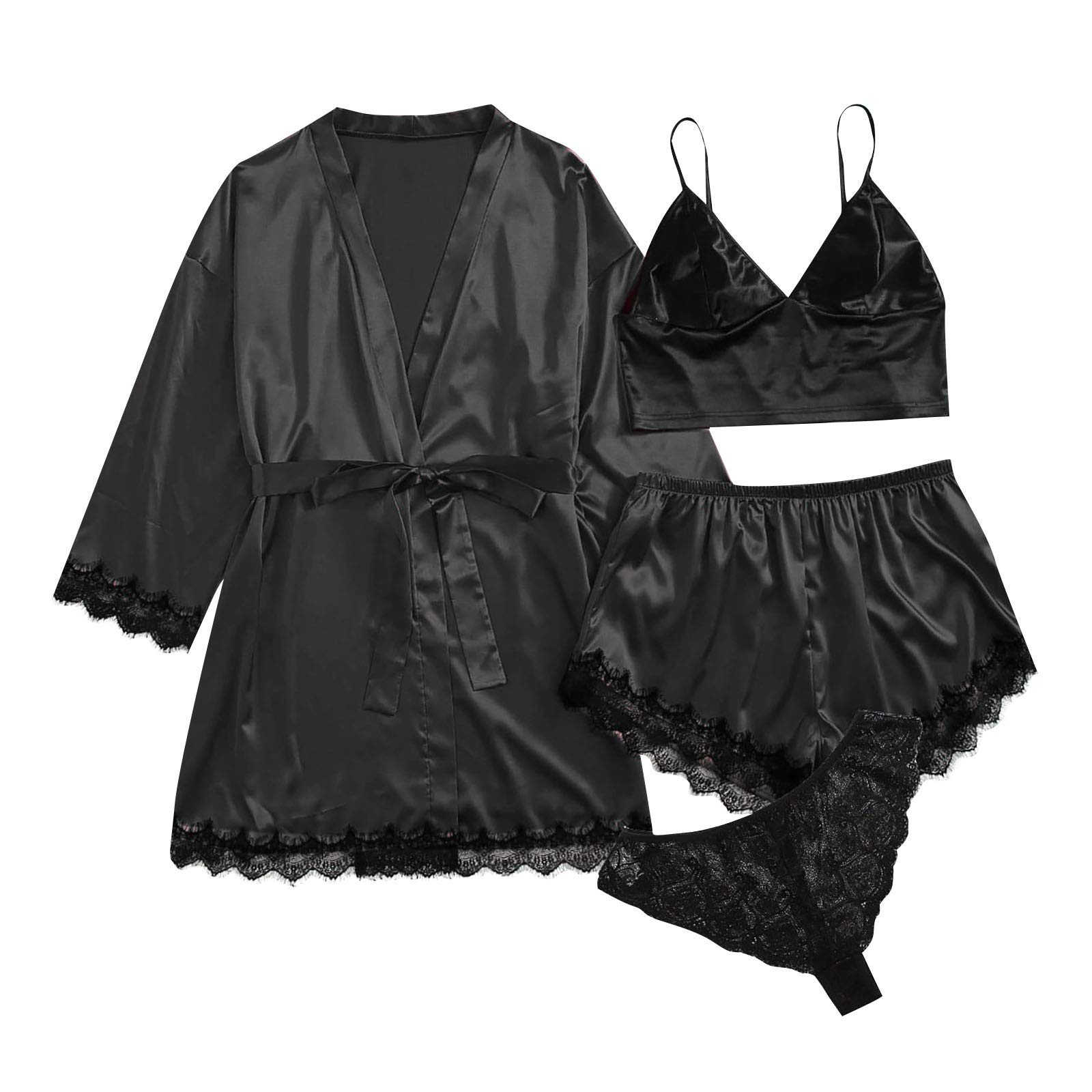 VEZAD Women's Floral Lace Trim Satin Cami Pajama Set with Robe & Panties - 2/4/5pc Sleepwear for Lounge, Bridal Shower & Honeymoon Nightwear