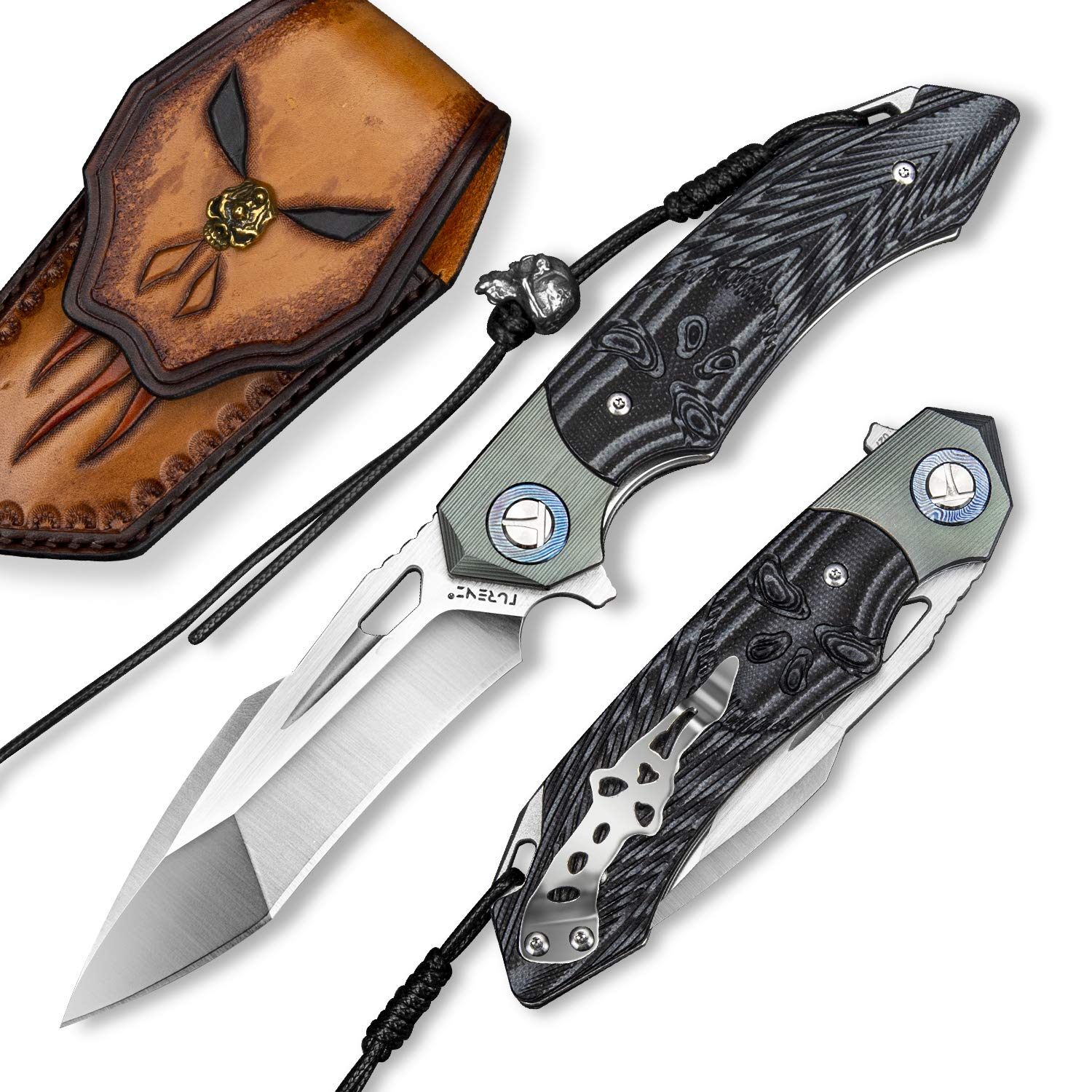 NEWOOTZ Handmade Titanium Damascus Steel Folding Pocket Knife - Skull Design with Leather Sheath, 4in 58-60HRC Tanto Blade for EDC & Outdoor Use | Perfect Gift for Men & Women | Camping, Hiking, Survival Gear