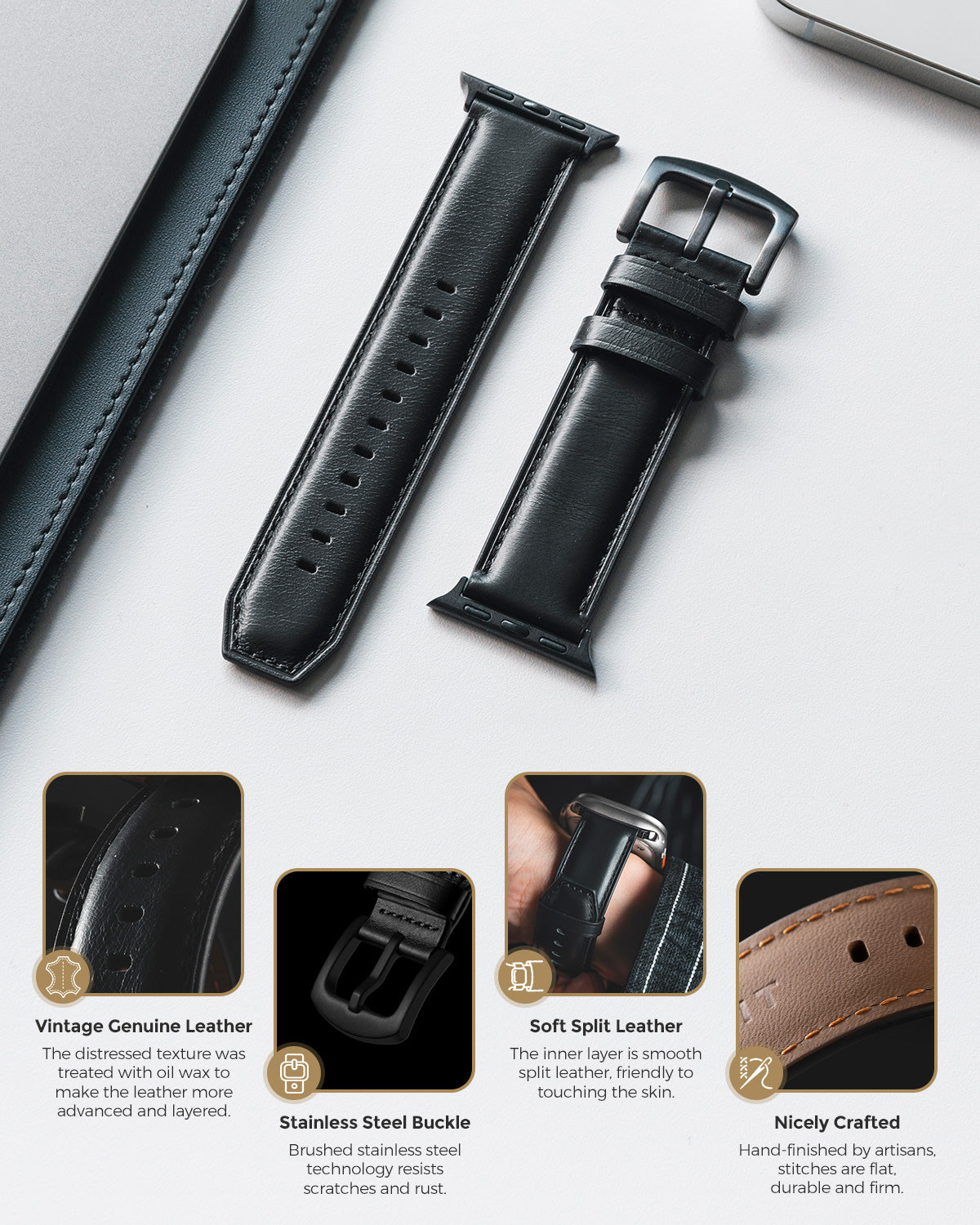 Genuine Leather Apple Watch Band - VWB100 Compatible with 38mm 40mm 41mm 42mm iWatch Straps - Premium Replacement Wristband for Workout, Business & Daily Wear