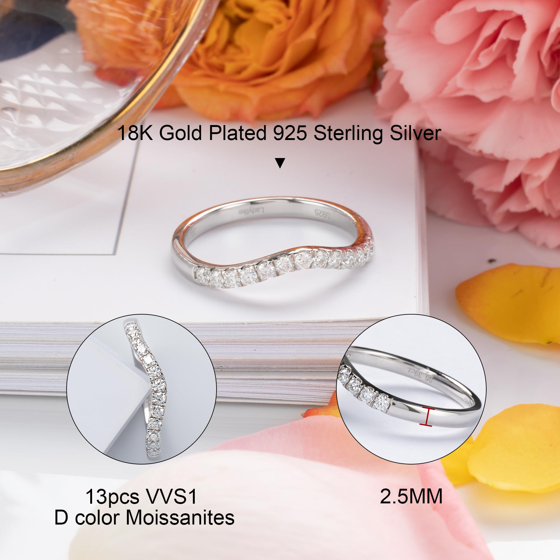 0.39ct D Color VVS1 Lab Created Moissanite Wedding Band - Curved Half Eternity Ring for Women, 925 Sterling Silver Stackable Bridal Ring Set, Perfect as Engagement Ring Enhancer or Anniversary Gift