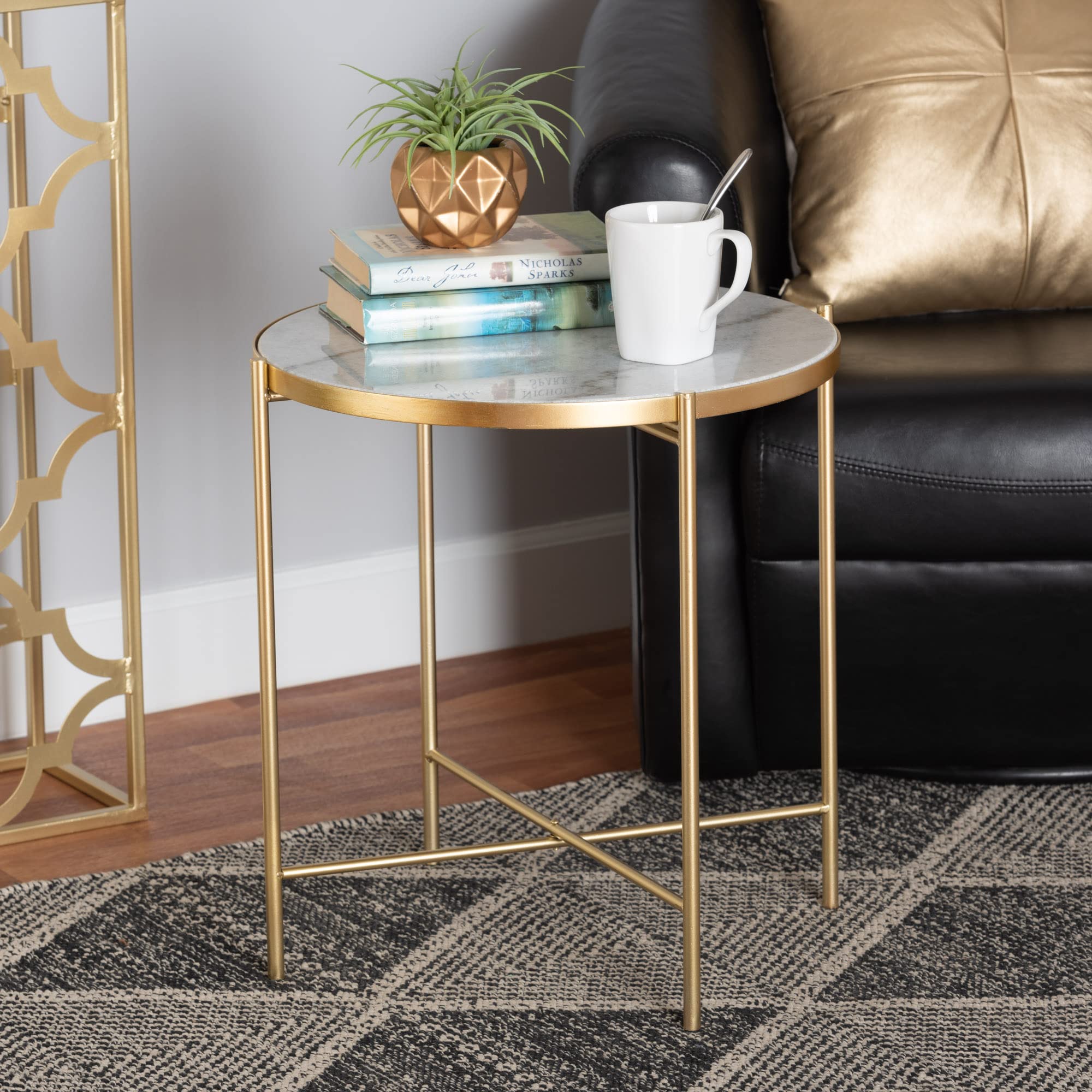Baxton Studio Maddock End Tables - White Marble Top with Gold Metal Base - Perfect for Living Room, Bedroom, or Office Side Tables