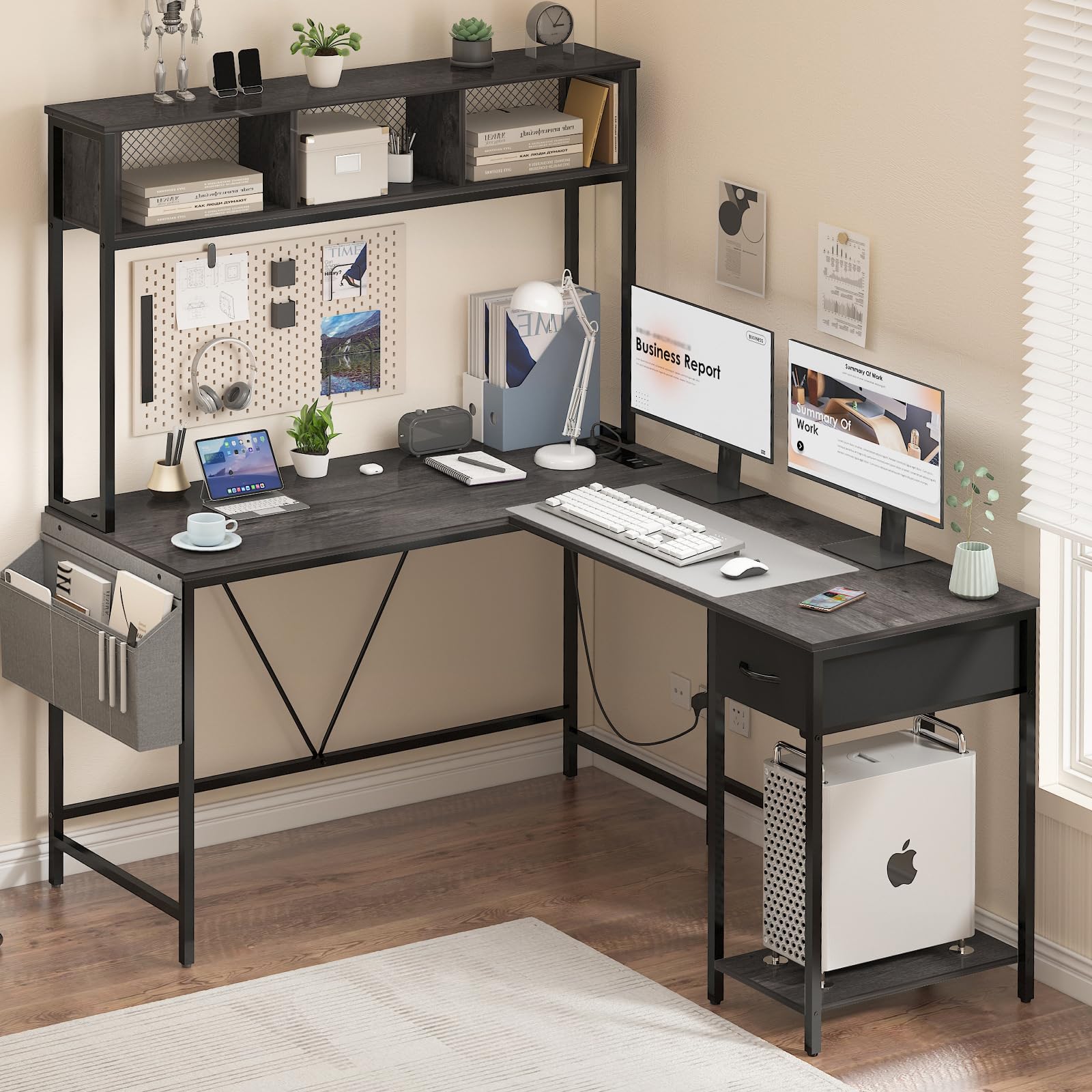 Yoobure L-Shaped Gaming Desk with LED Lights & Power Outlet - Reversible Corner Computer Desk with Storage Shelf, Drawer & Organizer Bag - Ergonomic Home Office Desk for 2 People (Gray) - Perfect for Small Spaces, Gaming Setups & Shared Workspaces