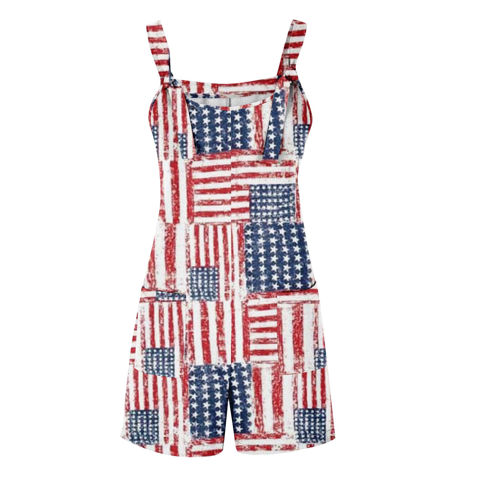 4th of July Romper for Women - Sleeveless American Flag Graphic Jumpsuit with Pockets | Patriotic Shorts for BBQ, Beach & Independence Day Celebrations