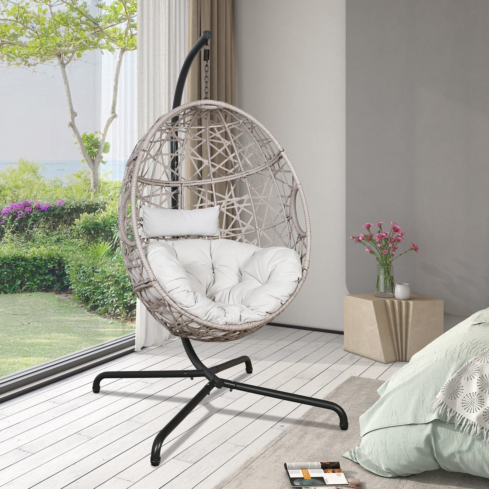 Iwicker Outdoor Rattan Egg Hanging Chair with Stand & Cushion - Beige Patio Swing for Garden, Balcony, Bedroom - Perfect for Relaxing, Reading & Lounging
