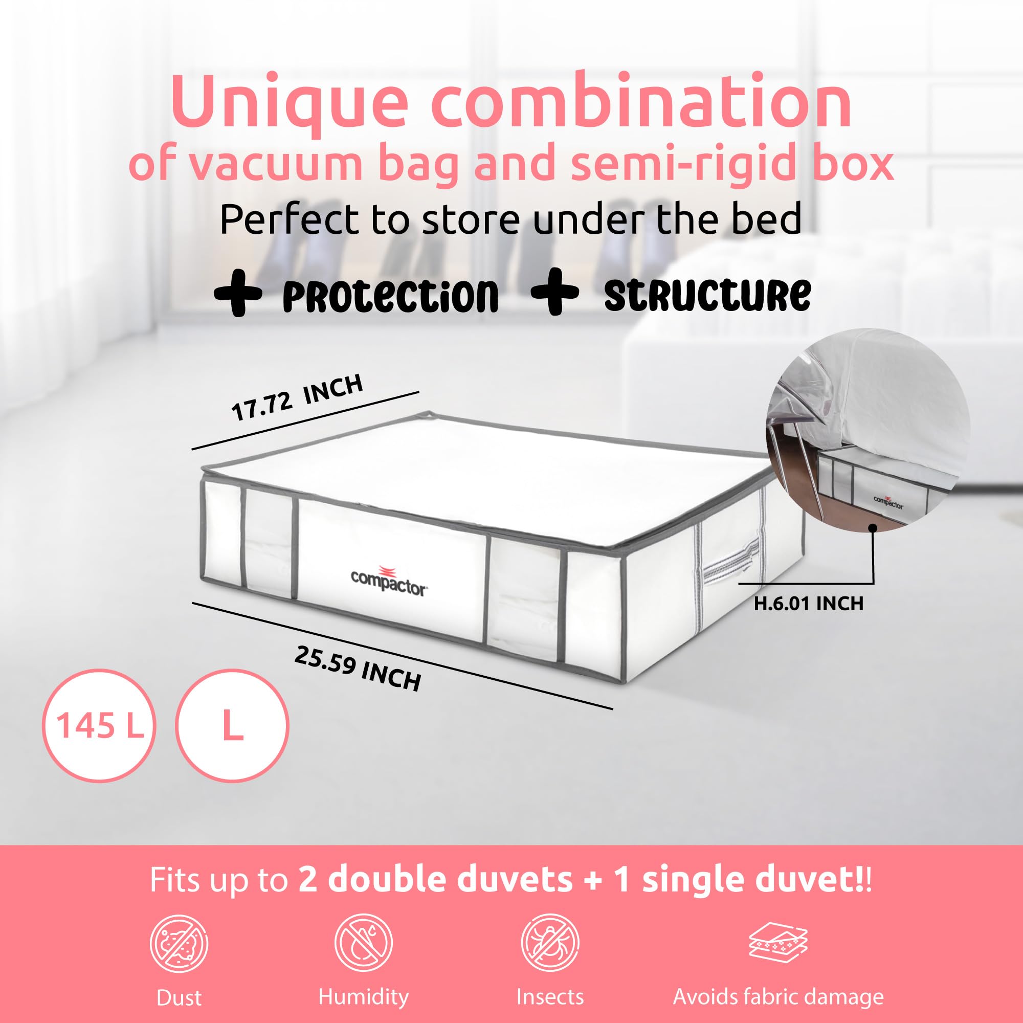 Vacuum Storage Bags for Clothes, Comforters & Blankets | Space Saver Compactor Bags | Wardrobe Organizer & Closet Storage Solution | White Semi-Rigid Box | Perfect for Seasonal Clothing Storage, Travel Packing & Home Organization