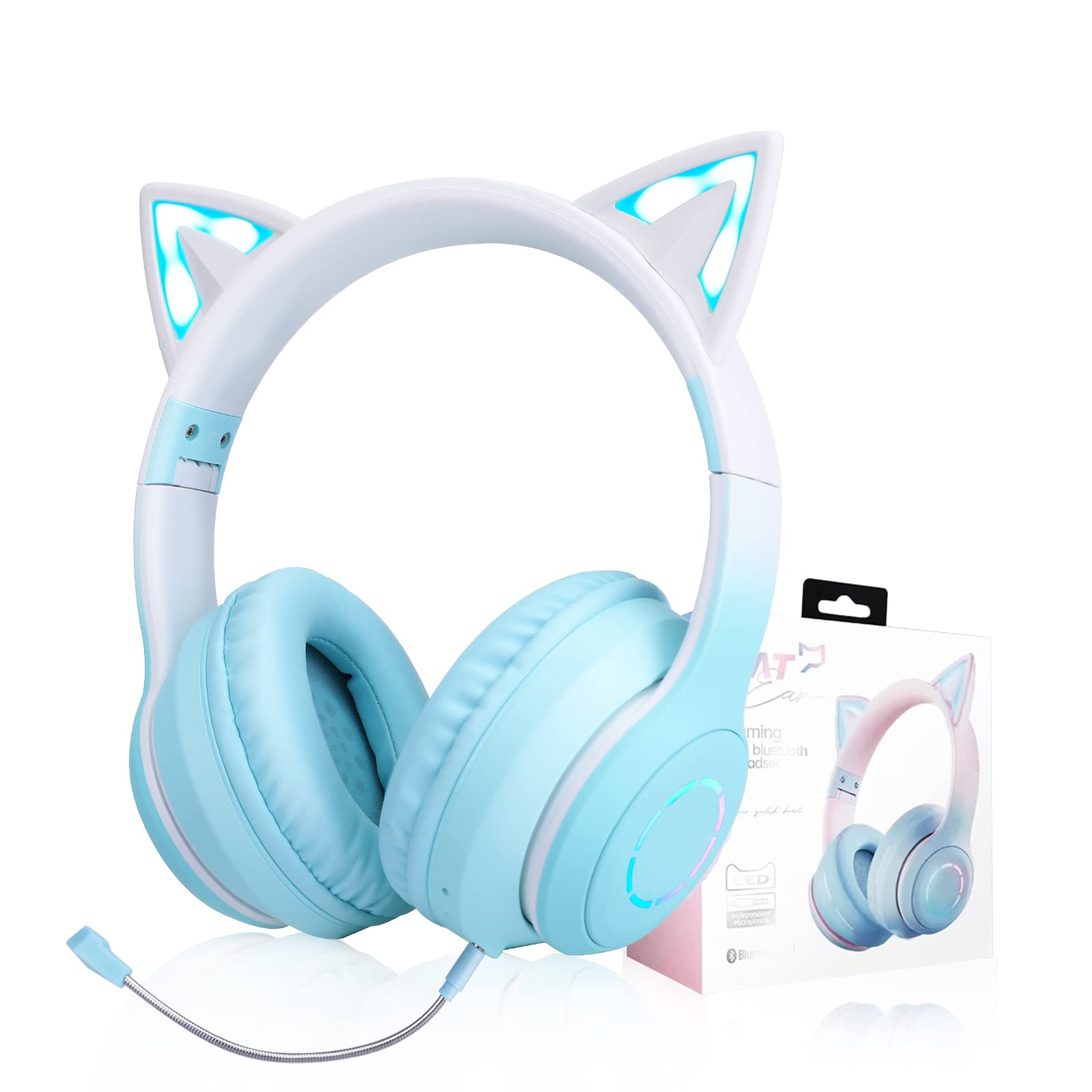 QearFun Cat Ear Bluetooth Headphones for Kids & Teens - Wireless Foldable Headset with Microphone, 3.5mm Jack & Adjustable Headband - Perfect for School, Gaming, Tablet & PC Use (Green)