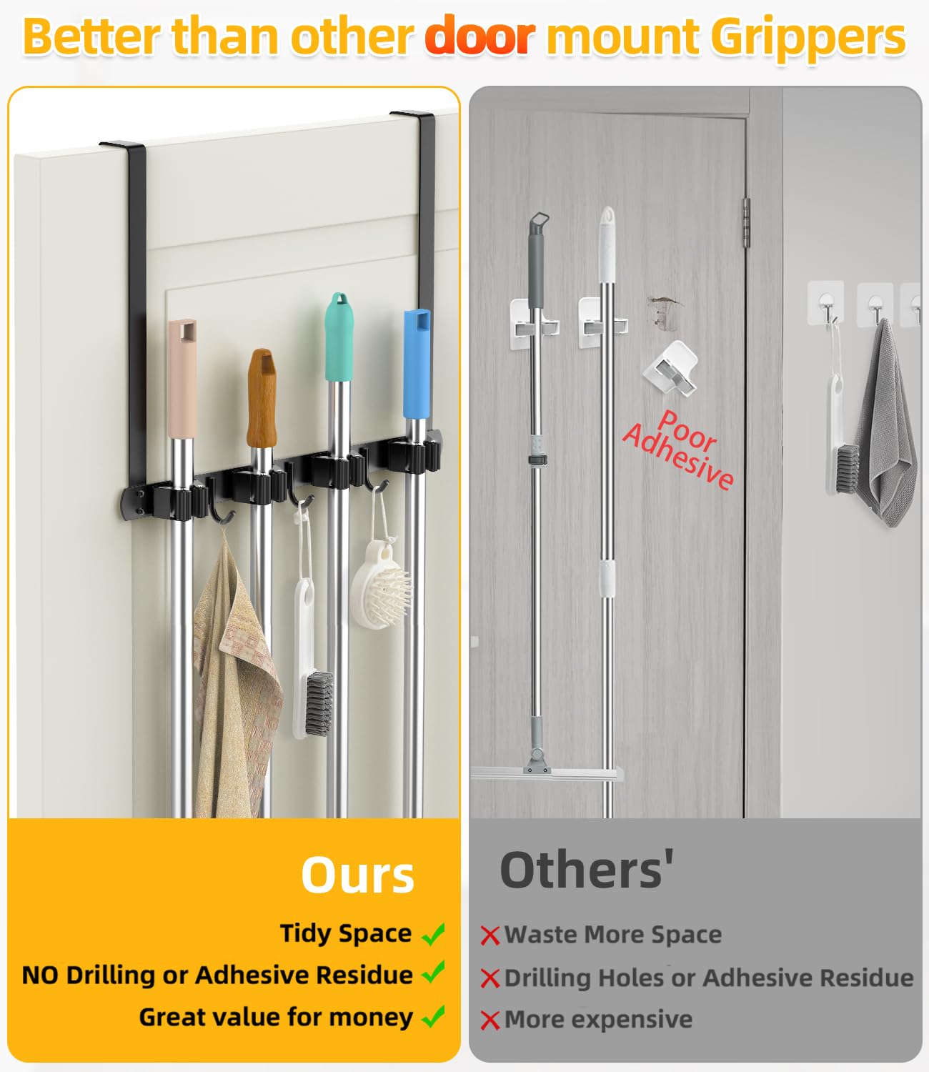 Stainless Steel Broom Holder - Over The Door or Wall Mounted Mop & Broom Hanger with Hooks - Heavy Duty 304 Steel Broom Storage Organizer for Garage, Closet, Laundry Room - Perfect for Cleaning Tools Organization