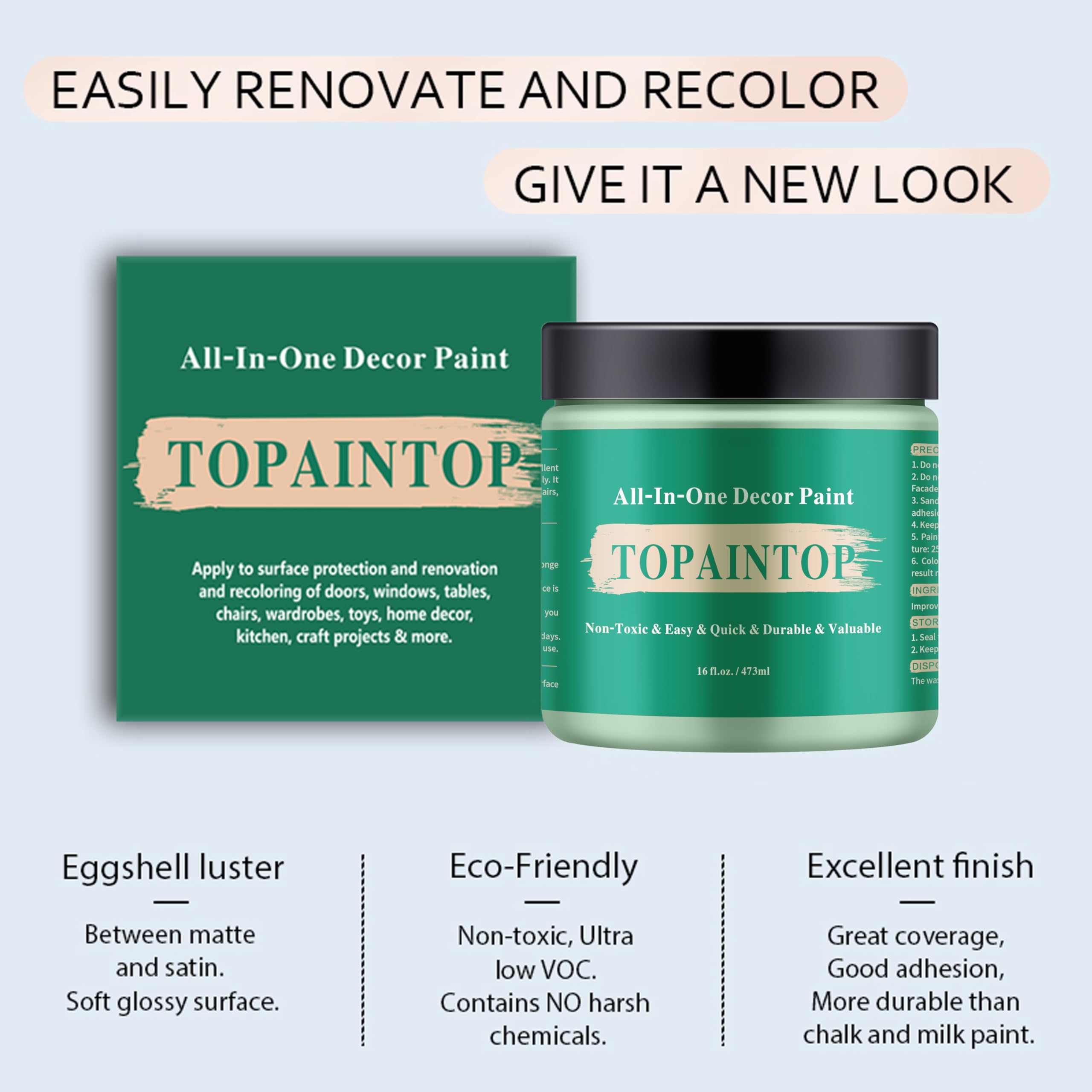 All-in-One Water-Based Wood Paint for Furniture, Cabinets & Doors - Light Green (16 Fl Oz) - Easy DIY Makeovers with Included Tools - Perfect for Home Renovation & Upcycling Projects