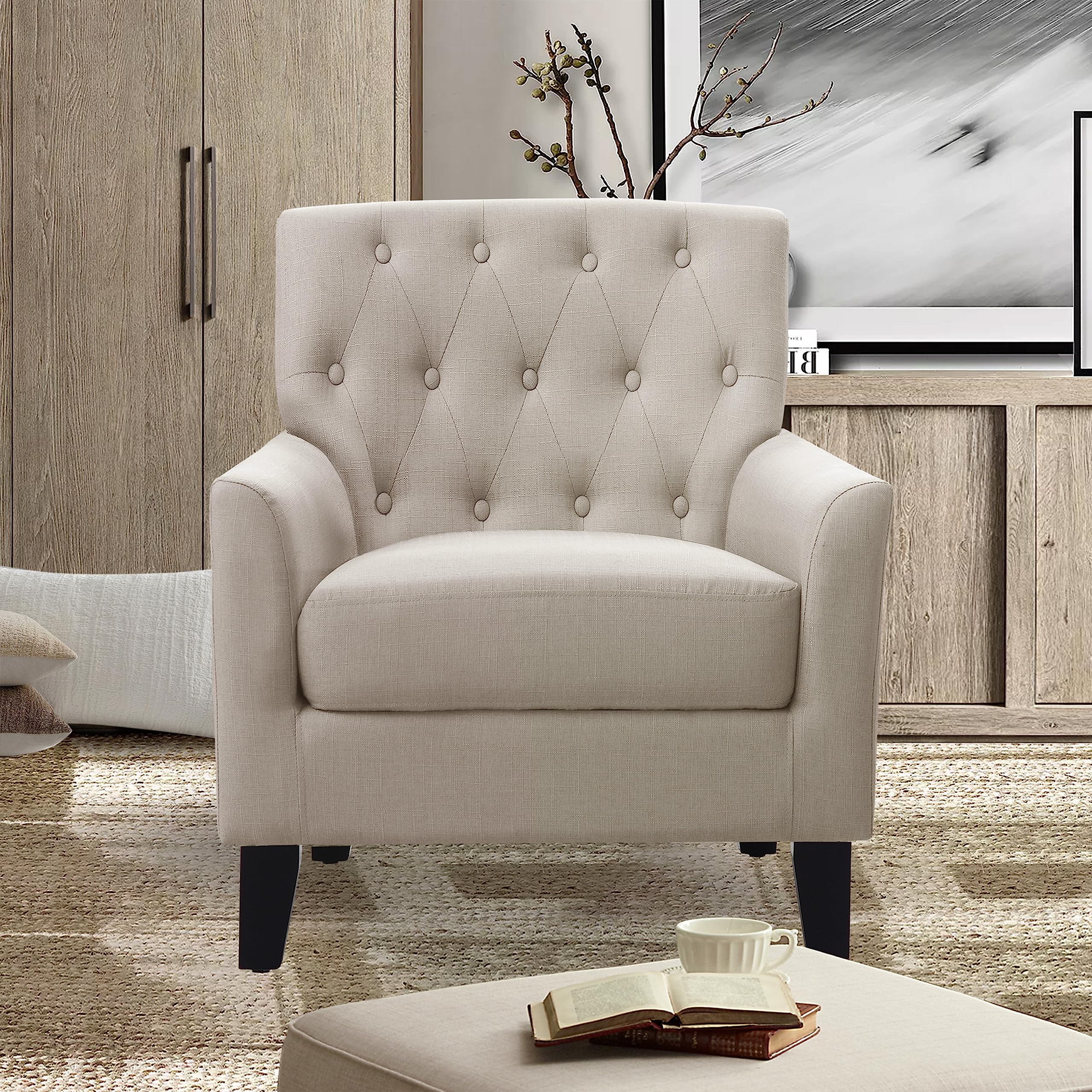 Rosevera Brayle Rosevara Tufted Back Accent Chair - Comfy Padded Seat Living Room, Bedroom & Office Furniture - High-Quality Polyester Upholstery in Warm Beige | Perfect for Reading Nooks, Lounge Areas & Small Spaces