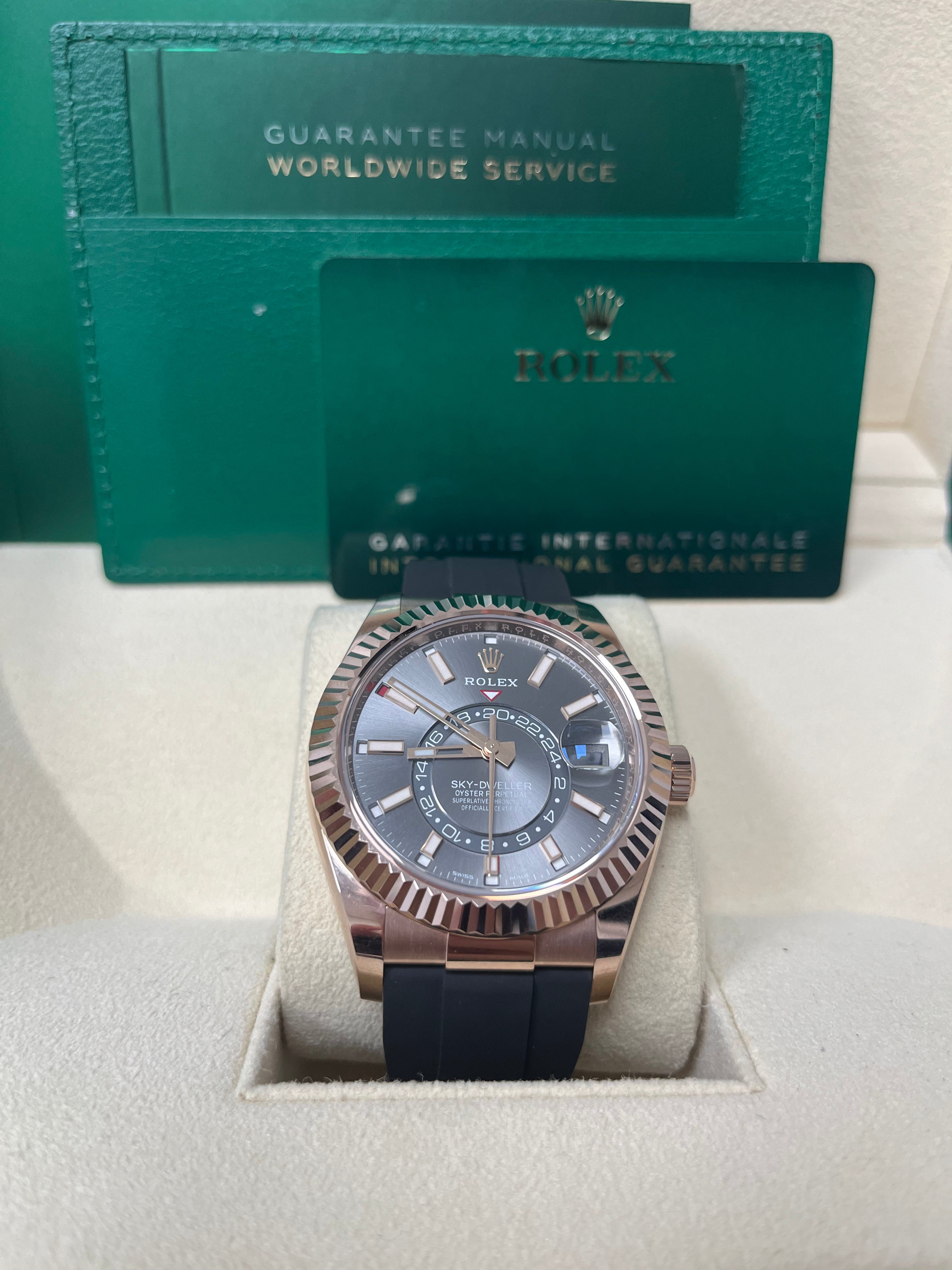 Rolex Sky-Dweller 42mm Rose Gold Watch with Dark Rhodium Dial & Oysterflex Bracelet (Ref. 326235) - Luxury Men's Timepiece for Business, Travel & Special Occasions