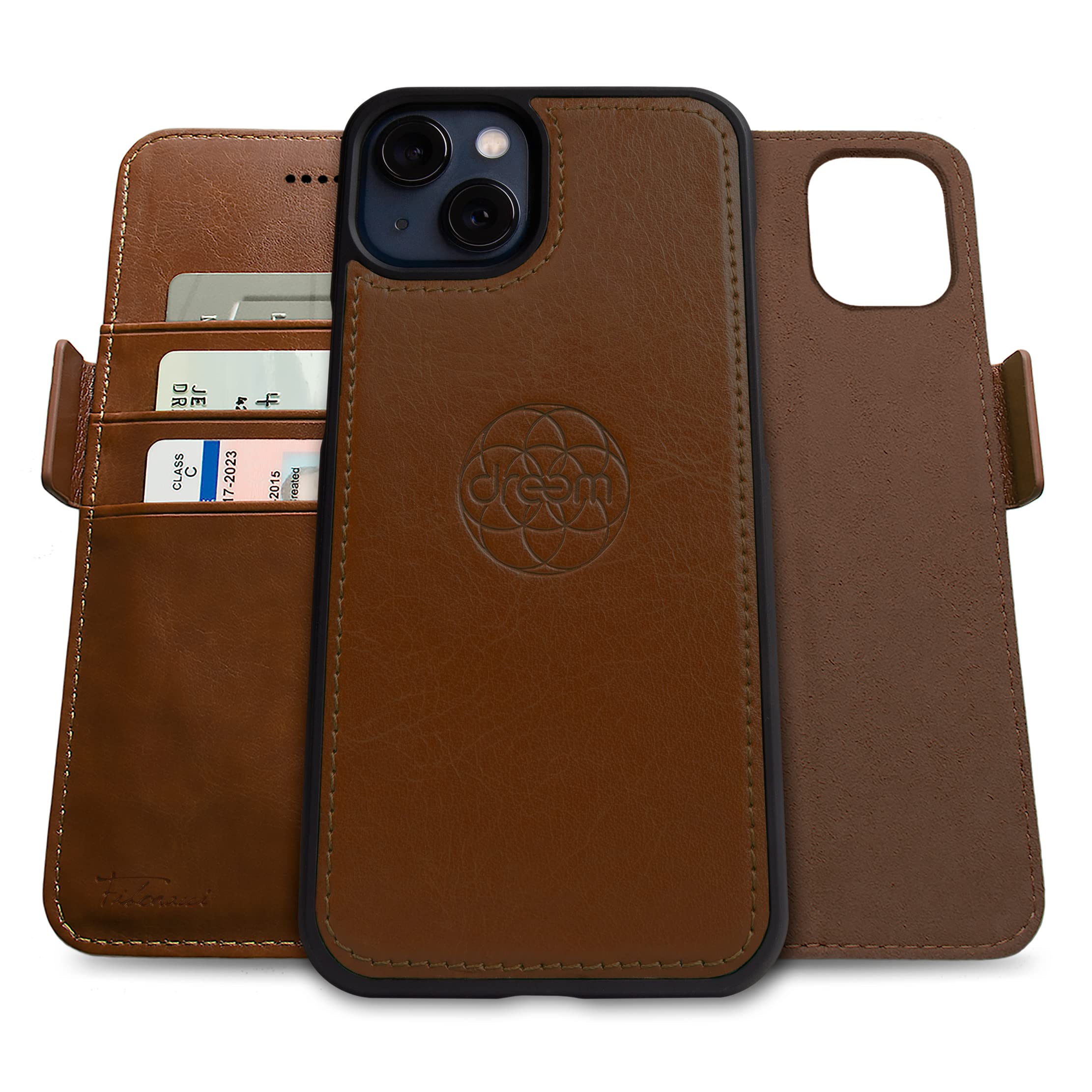 Dreem Fibonacci Vegan Leather Wallet Case for iPhone 13 - Detachable 2-in-1 Magnetic Cover with Built-in Kickstand & RFID Blocking Card Holder | MagSafe Compatible | Perfect for Work, Travel & Everyday Use [Chocolate]