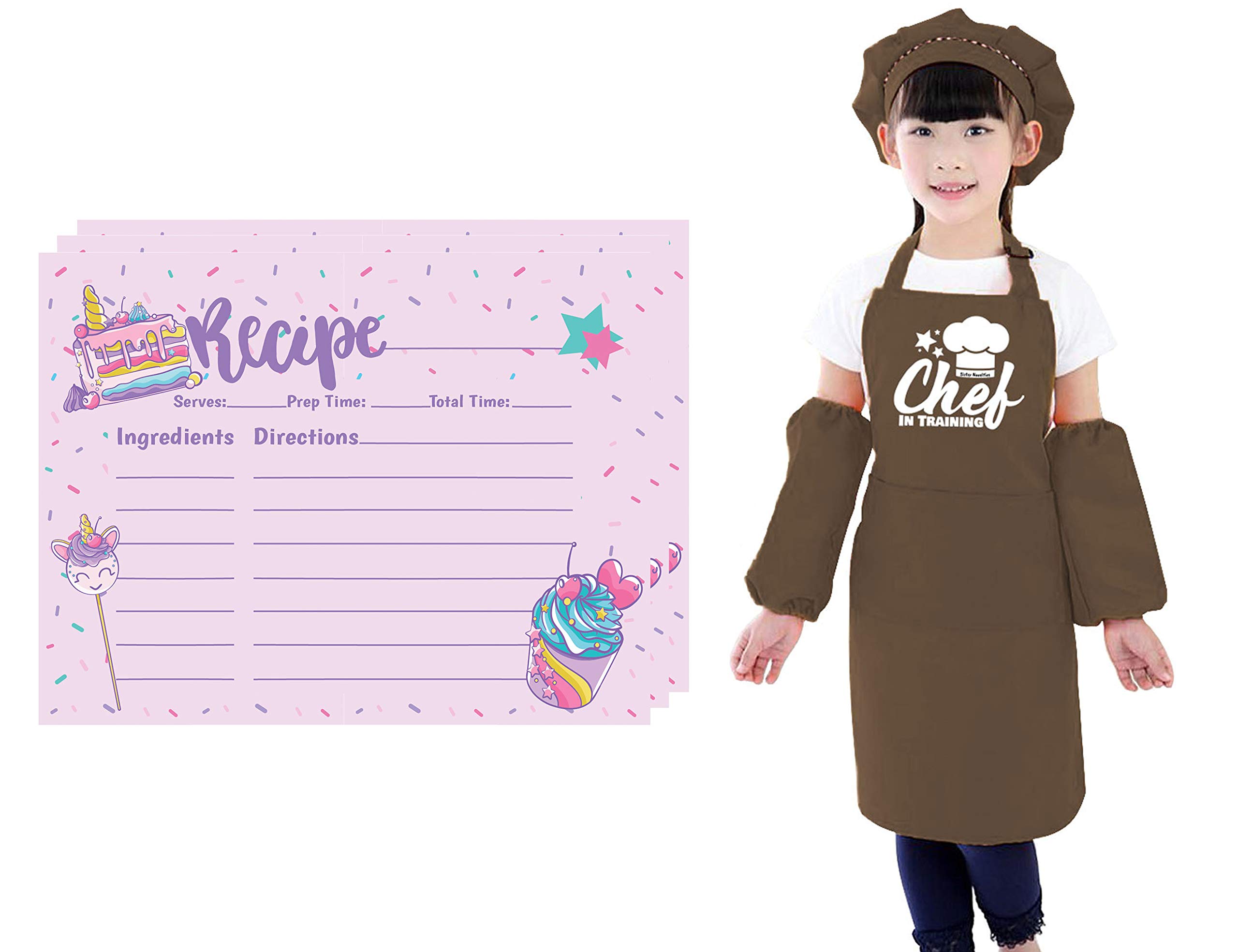 Unicorn Rainbow Kids Kitchen Apron Set with Chef Hat & Recipe Cards - Adjustable Cooking Aprons for Boys & Girls - Pretend Play Baking Accessories for Play Kitchen & Cooking Fun (Coffee) - Perfect for Birthday Gifts, Cooking Classes & Family Baking Time