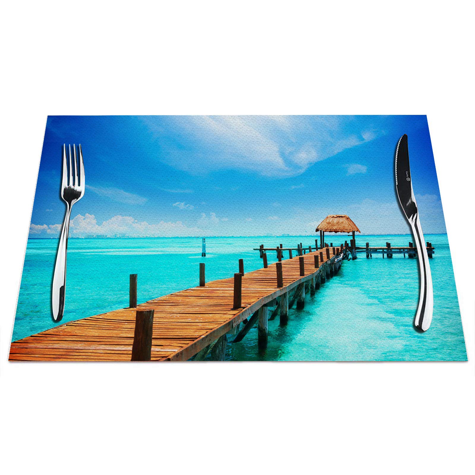 Premium Maldives Tropical Island Placemats Set of 4 - Ocean Blue Heat-Resistant Non-Slip Dining Table Mats 18x12 Inches - Perfect for Beach-Themed Parties, Summer Dining, and Coastal Home Decor
