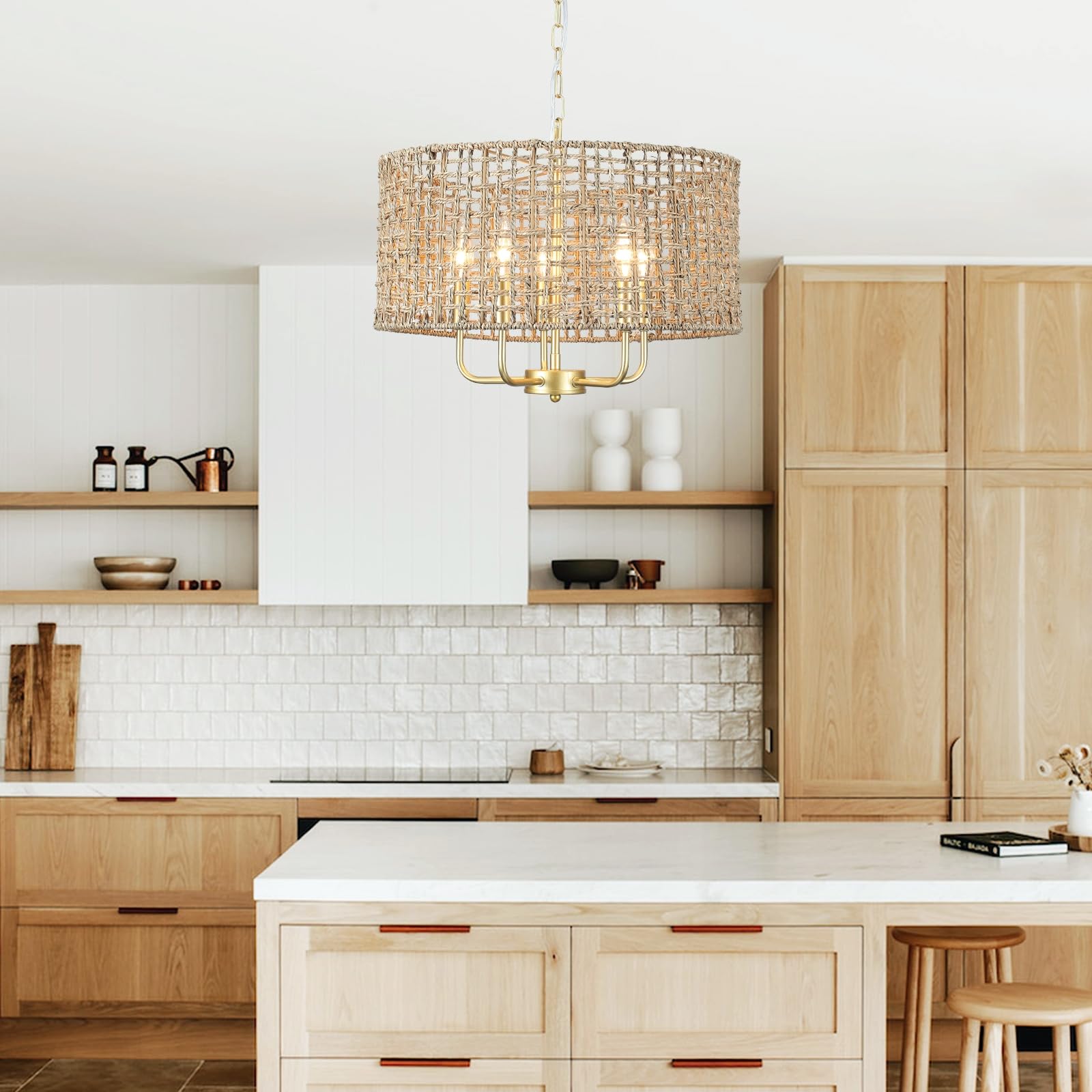 Boho Rattan Chandelier 5-Light Gold Woven Pendant Light, Coastal Wicker Drum Chandelier for Dining Room, Kitchen Island, Bedroom, Living Room, Entryway, Perfect for Farmhouse, Beach House, and Modern Interiors
