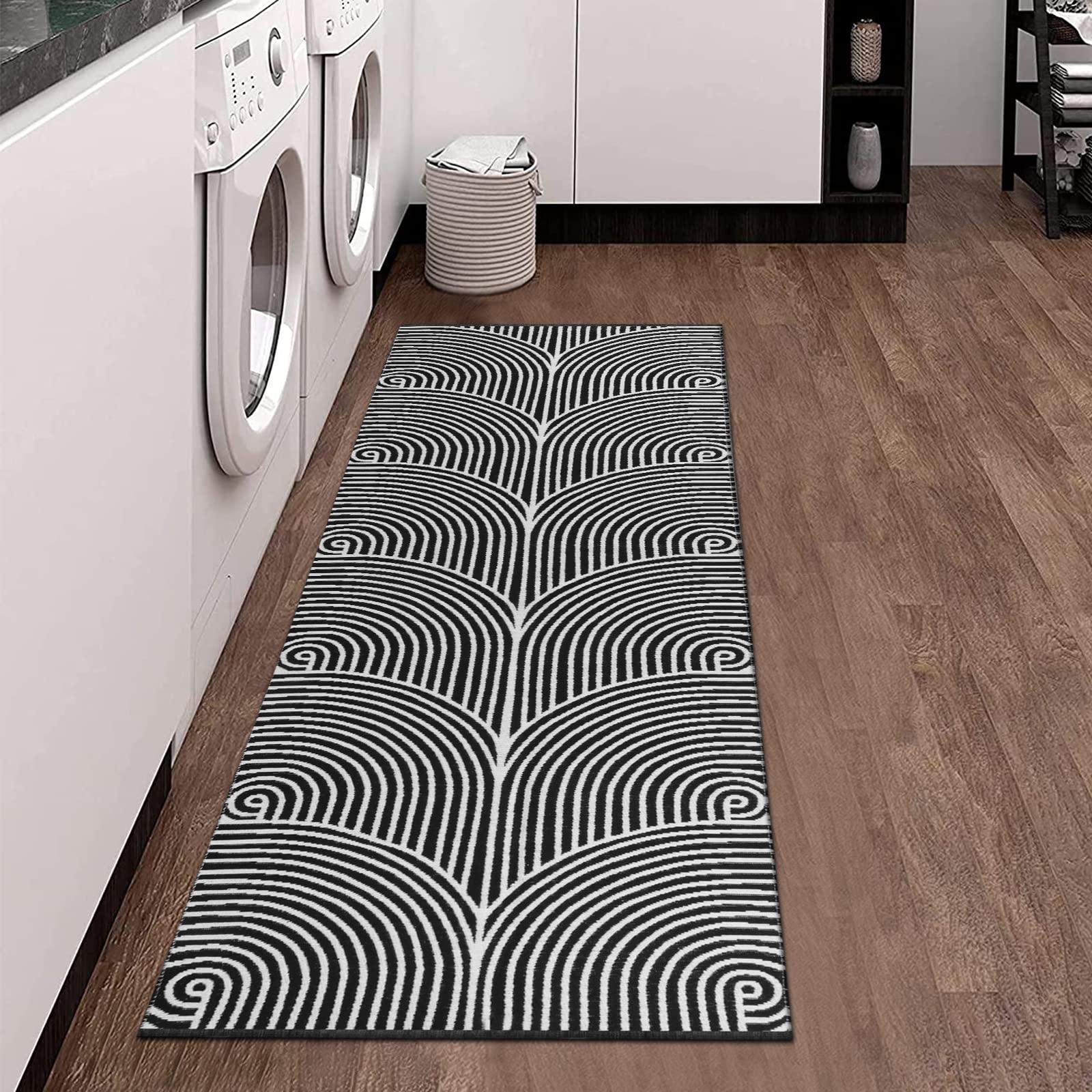 Tiffasea 2'x6' Woven Runner Rug - Machine Washable Reversible Cotton Indoor Outdoor Rug for Hallway, Entryway, Living Room, Laundry, Bathroom, Bedroom - Black and White Striped Design - Perfect for High Traffic Areas and Home Decor
