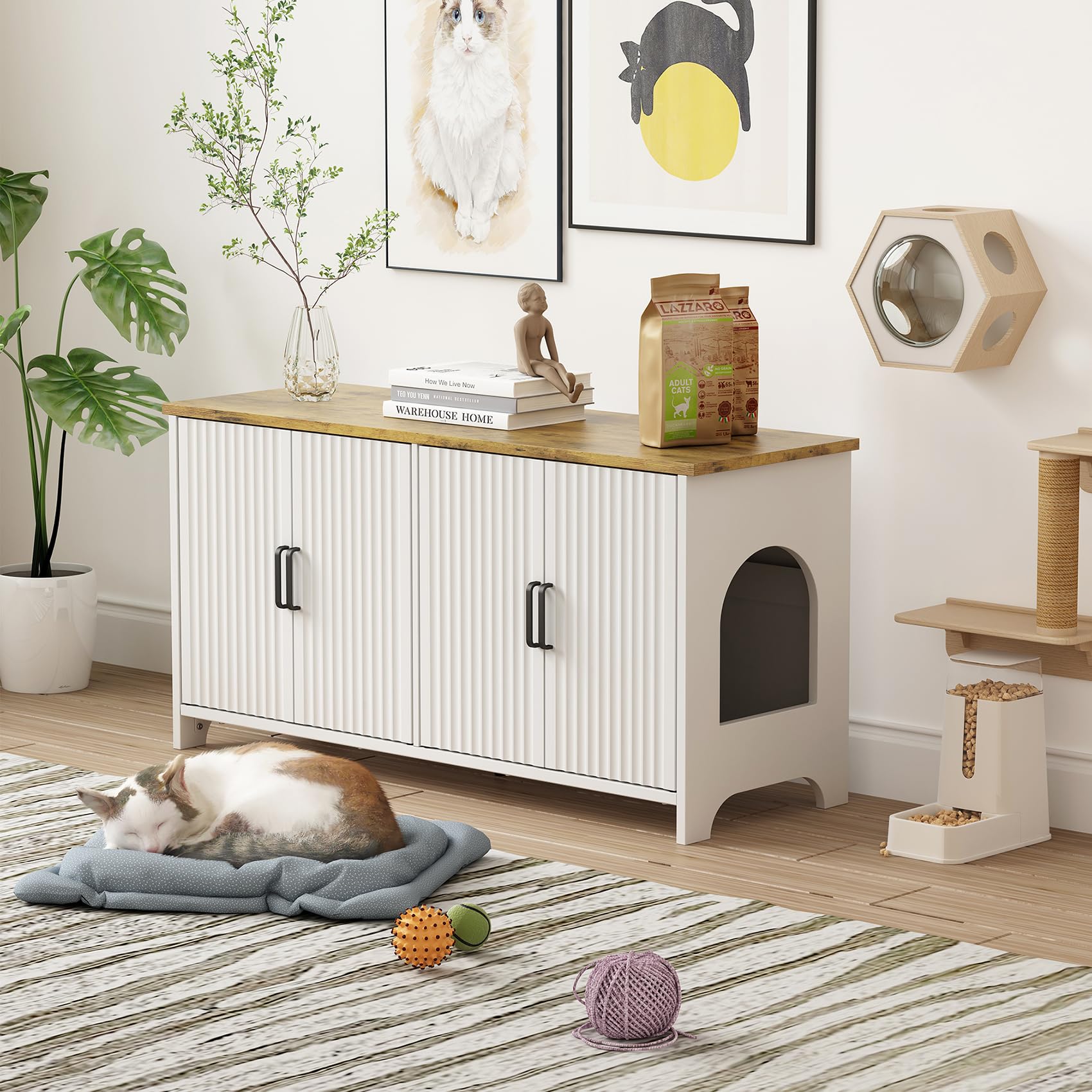 White Wooden Cat Litter Box Enclosure for 2 Cats - Double Room Fluted Hidden Litter Box Furniture Cabinet - Indoor Cat House for Living Room & Bathroom - Perfect for Small Spaces & Home Decor