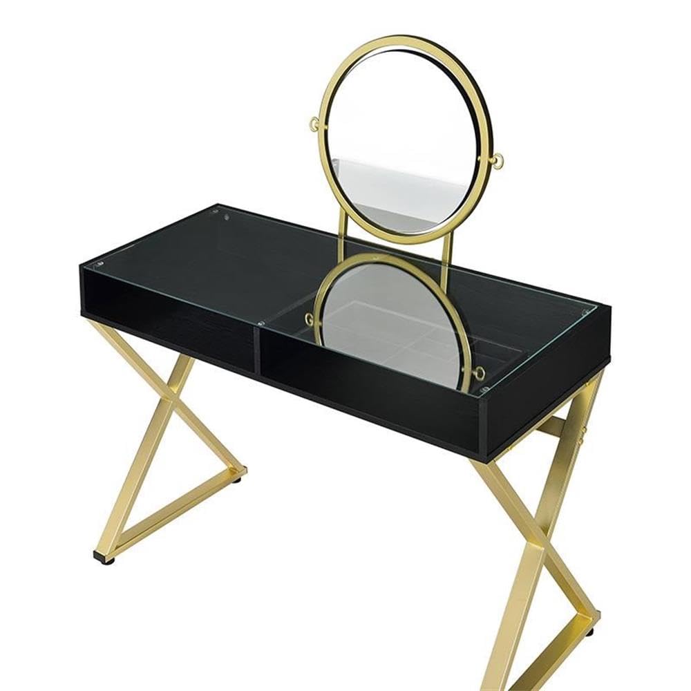 Acme Coleen Black & Gold Glass Top Vanity Desk with Jewelry Tray - Perfect for Makeup, Dressing Table & Jewelry Organization in Bedroom