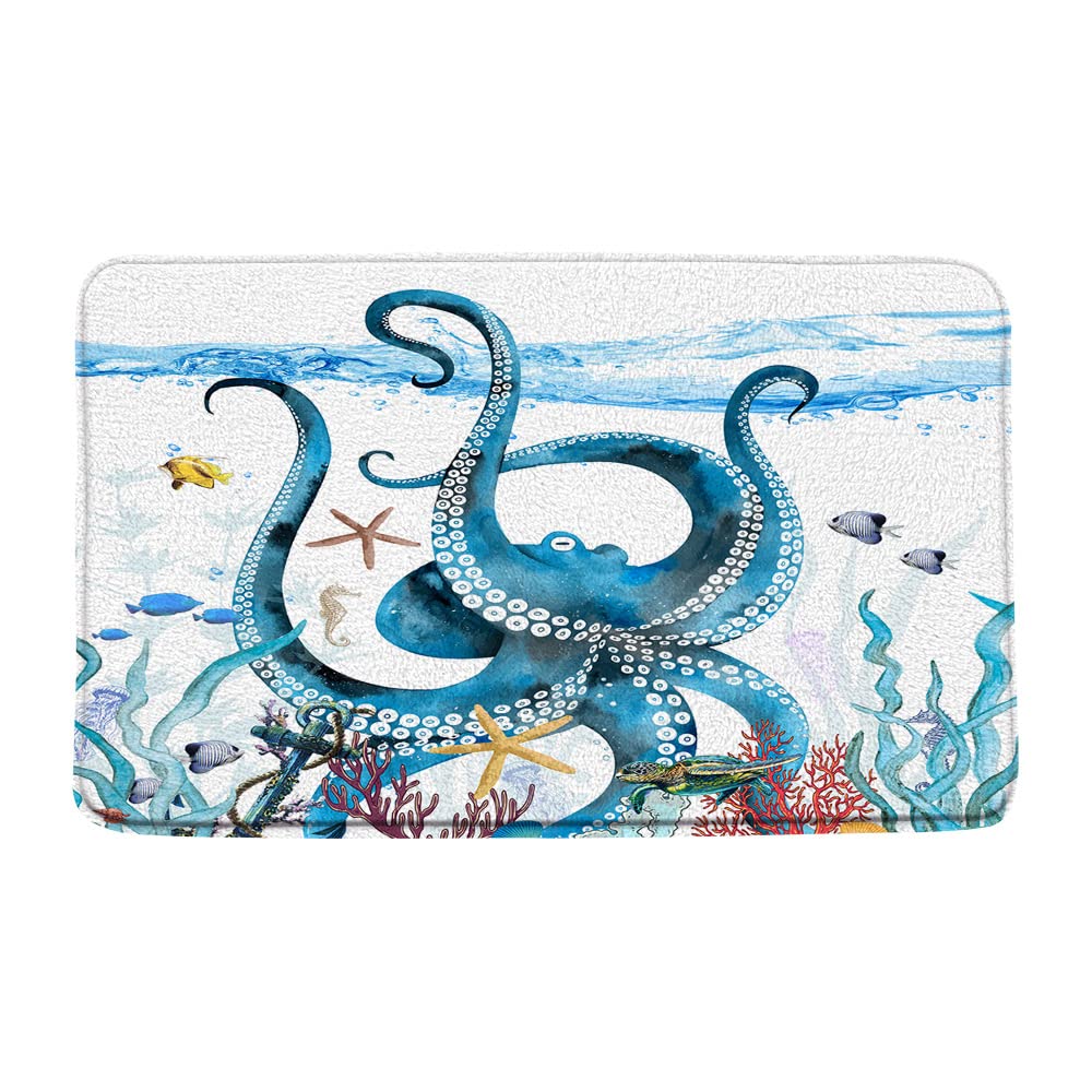 Blue Octopus Bath Mat - Watercolor Underwater Ocean Animal Sea Life Coral Reef Design - Non-Slip Memory Foam Bathroom Rug for Kids & Adults - Perfect for Bathroom, Bedroom, and Beach House Decor