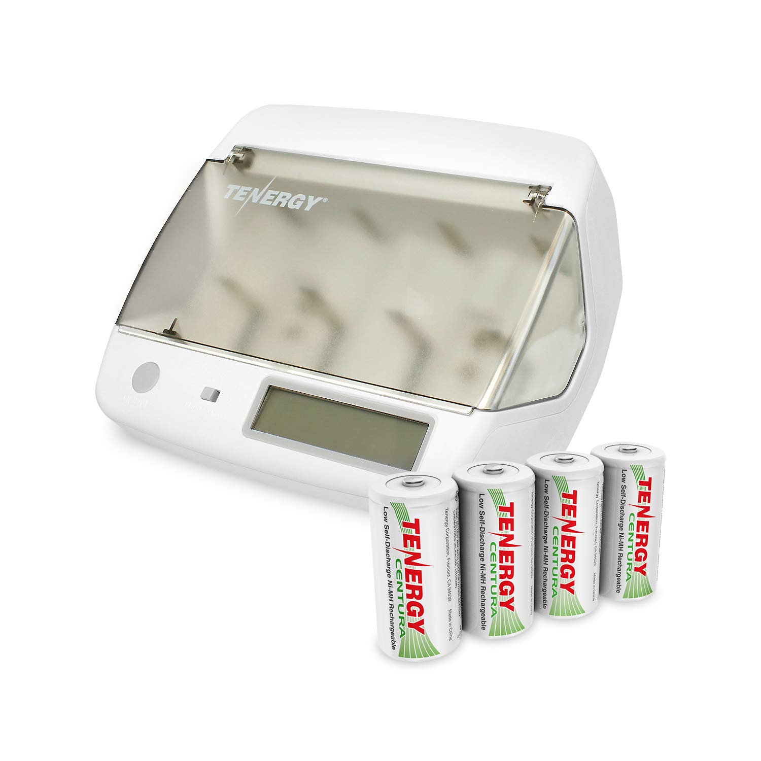 Tenergy Centura Rechargeable C Batteries 4-Pack with Universal TN299 Charger - Compatible with NiMH/NiCd/Li-Ion AA/AAA/C/D/9V/18650 Batteries - Perfect for Flashlights, Toys, Emergency Kits & Home Electronics