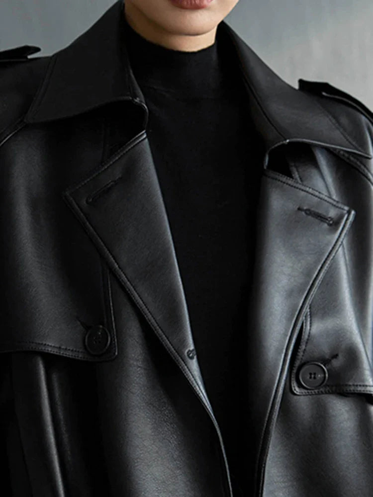 Women's Extra Long Oversized Black Faux Leather Trench Coat - Long Sleeve Belted Double Breasted Loose Fashion Coat for Fall/Winter | Perfect for Office, Date Night & Casual Outfits