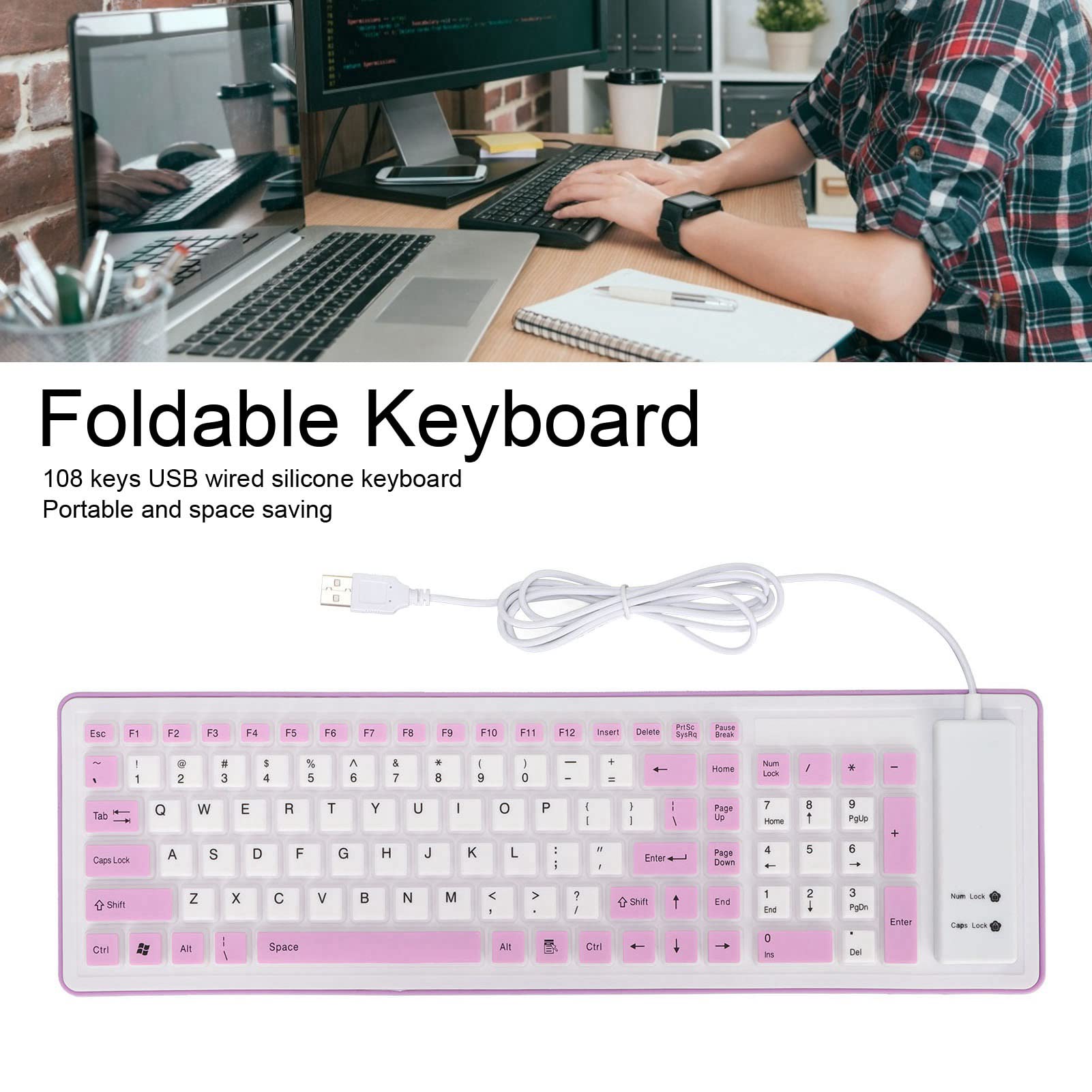 103-Key Foldable Silicone Keyboard - Wired USB Silent Soft Touch Waterproof Rollup Keyboard for PC & Laptop - Perfect for Office, Travel, and Home Use