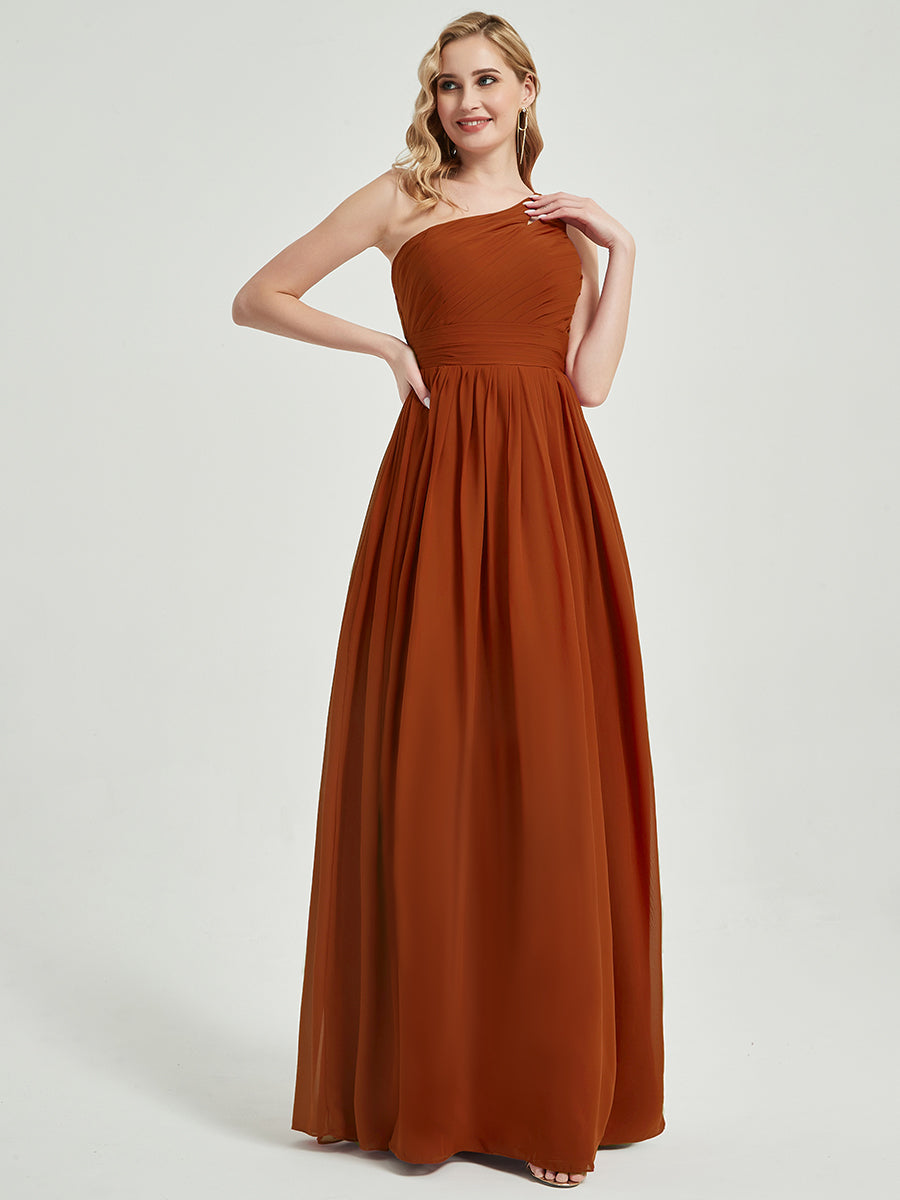 Elegant Burnt Orange One Shoulder A-Line Floor Length Chiffon Bridesmaid Dress for Weddings & Formal Events - Perfect for Evening Galas, Prom & Special Occasions