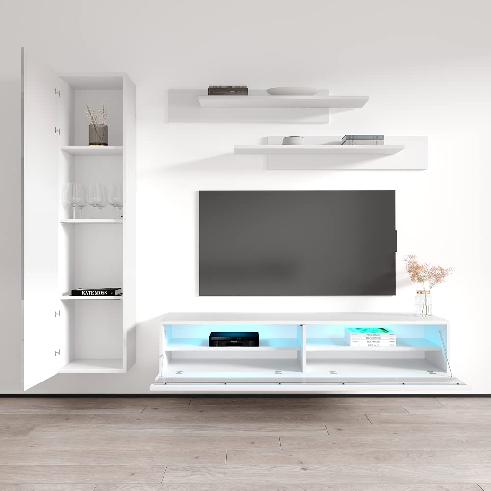 Modern White Wall-Mounted TV Stand with Storage Shelves & LED Lights - Floating Entertainment Center Console for Living Room & Bedroom - Meble Furniture Fly G1 35