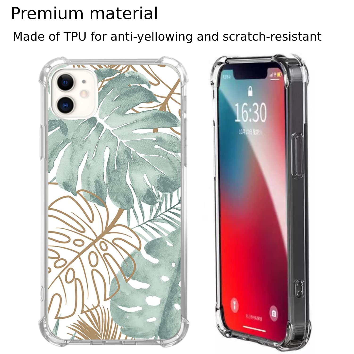 Tropical Monstera Leaves iPhone 11 Case - Green Gold Plant Design TPU Bumper Cover | Trendy Protective Phone Case for Women & Men | Perfect for Summer, Vacation & Nature Lovers