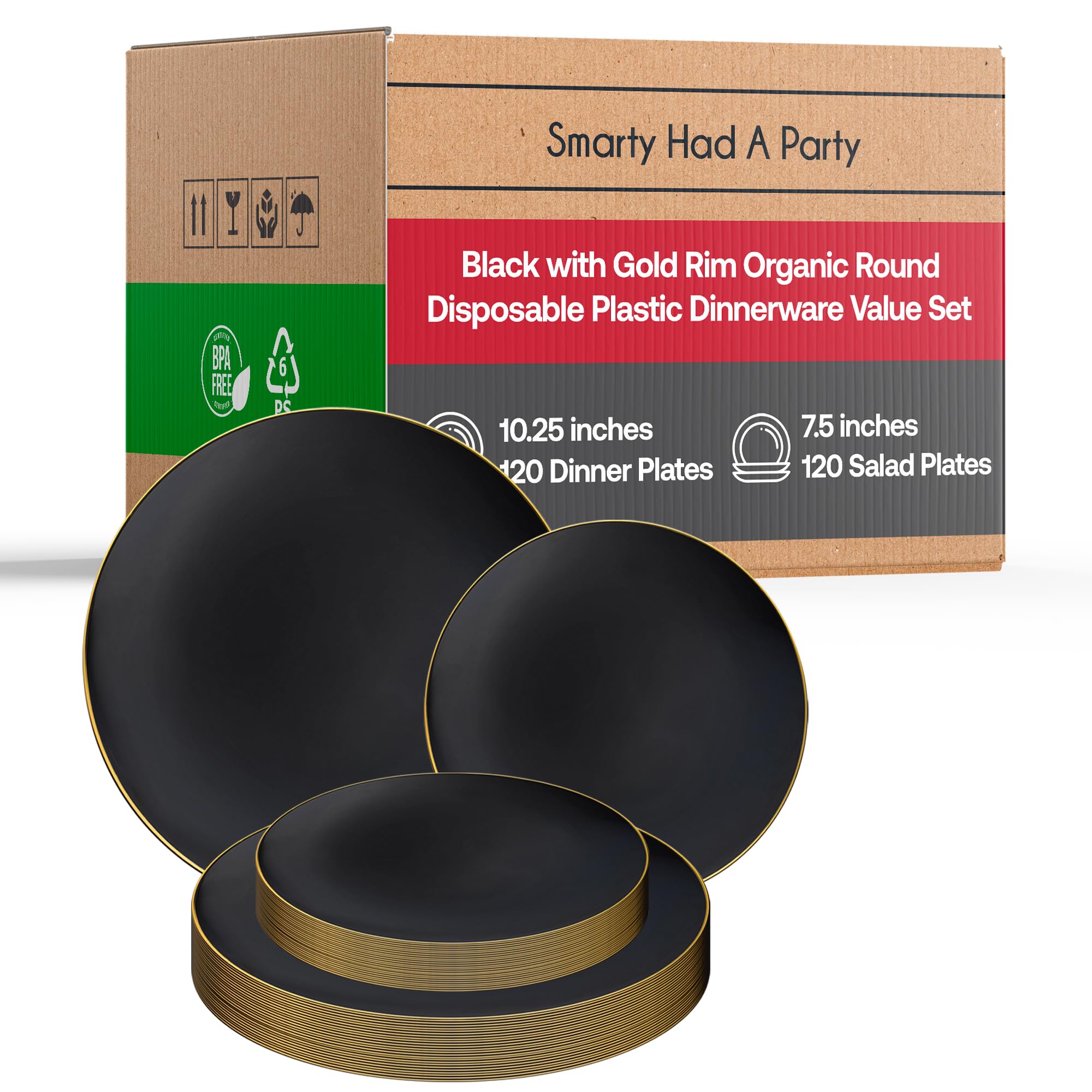 Eco-Friendly Disposable Plastic Plates with Elegant Rim Design - Bulk Round Dinnerware Set for Wedding, Birthday Party & Special Events (Black & Gold, 120-Piece Combo) - Perfect for Catering, Picnics & Outdoor Gatherings