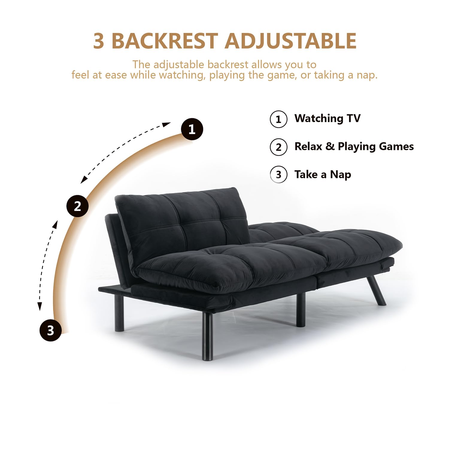 Convertible Futon Sofa Bed - Foldable Breathable Small Couch for Compact Spaces | Perfect for Studio Apartments, Living Rooms, Bedrooms, Offices & Dorm Rooms | Multi-Functional Loveseat (Black) - Great for Guest Sleeping, Relaxing & Small Space Living