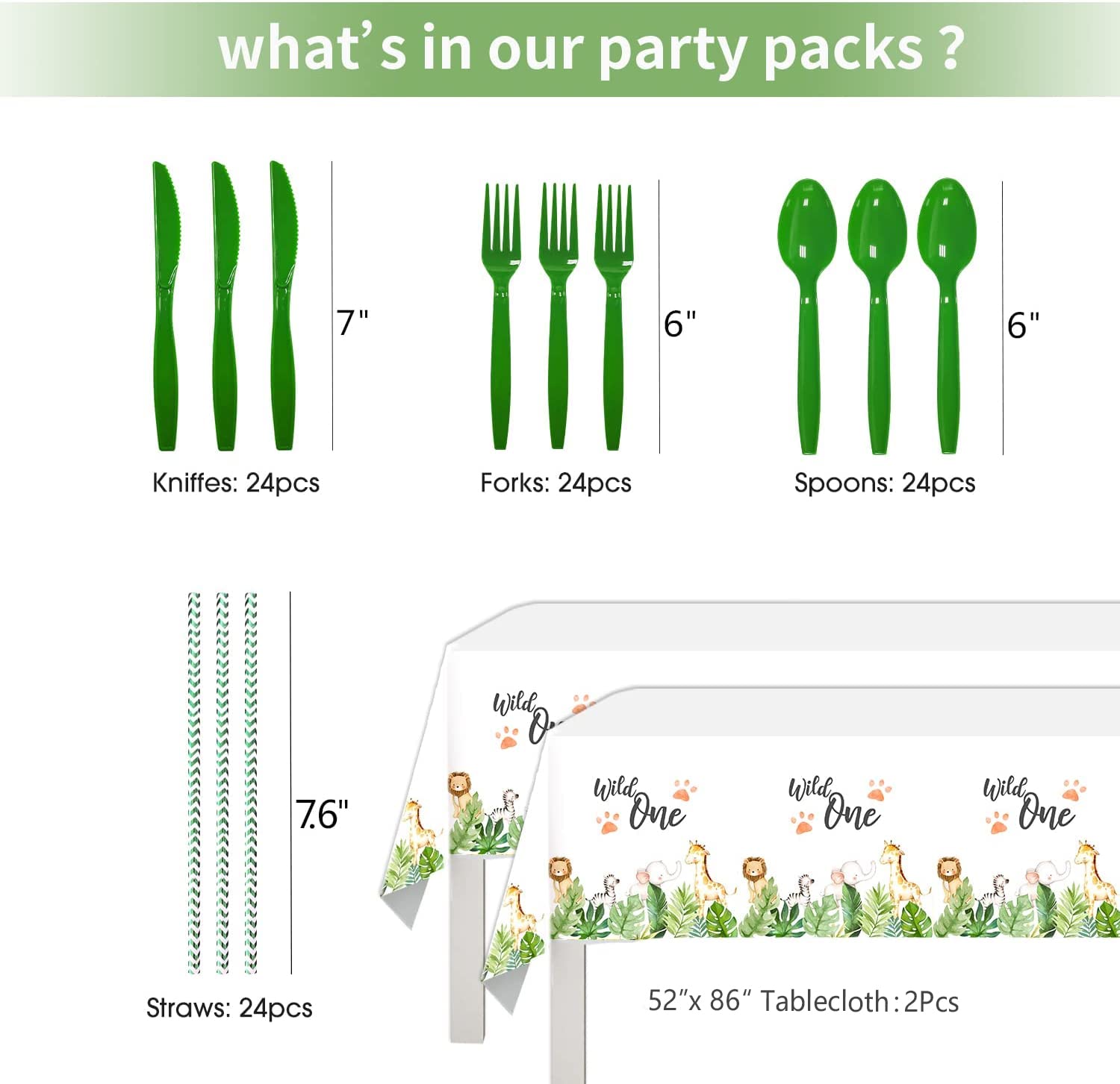 Wild One Birthday Party Supplies - Safari Animal Jungle Theme Tableware Set (Plates, Cups, Napkins, Tablecloth, Straws, Cutlery) for 24 Guests - Perfect for Baby Shower, 1st Birthday & Jungle Themed Parties