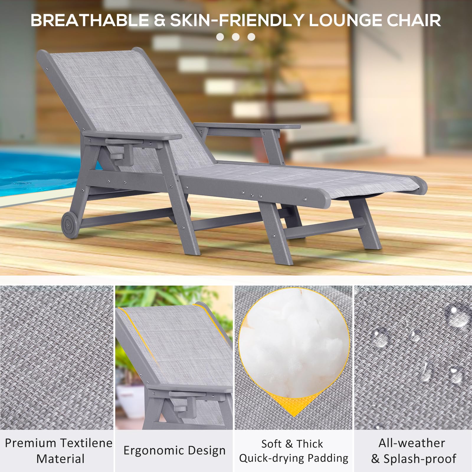 5-Position Adjustable Outdoor Chaise Lounge Chair with Textilene Surface, Wheels & Cup Holder - HDPE Poolside, Beach & Patio Recliner for Relaxing (Grey, 1 Pack) - Perfect for Backyard, Swimming Pool & Seaside Lounging