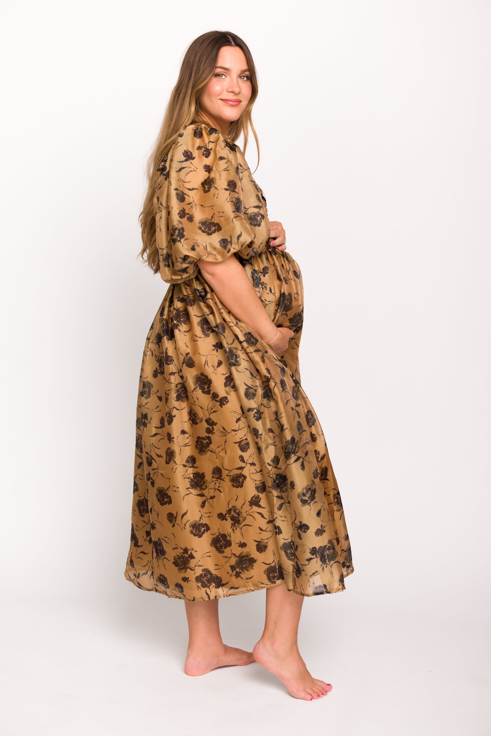 Harlow Camel & Black Floral Maxi Dress with Stretchy Neckline - Bump Friendly Maternity Dress for Women | Perfect for Pregnancy, Special Occasions & Everyday Wear (Restocking Early Fall)