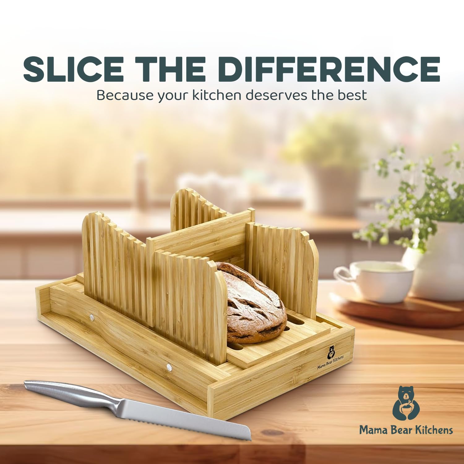 Premium Bamboo Bread Slicer with Stainless Steel Knife - Adjustable Durable Loaf Cutter Guide with Crumb Tray - Foldable, Easy to Clean & Store - Perfect for Homemade Bread, Sandwiches & Toast Preparation