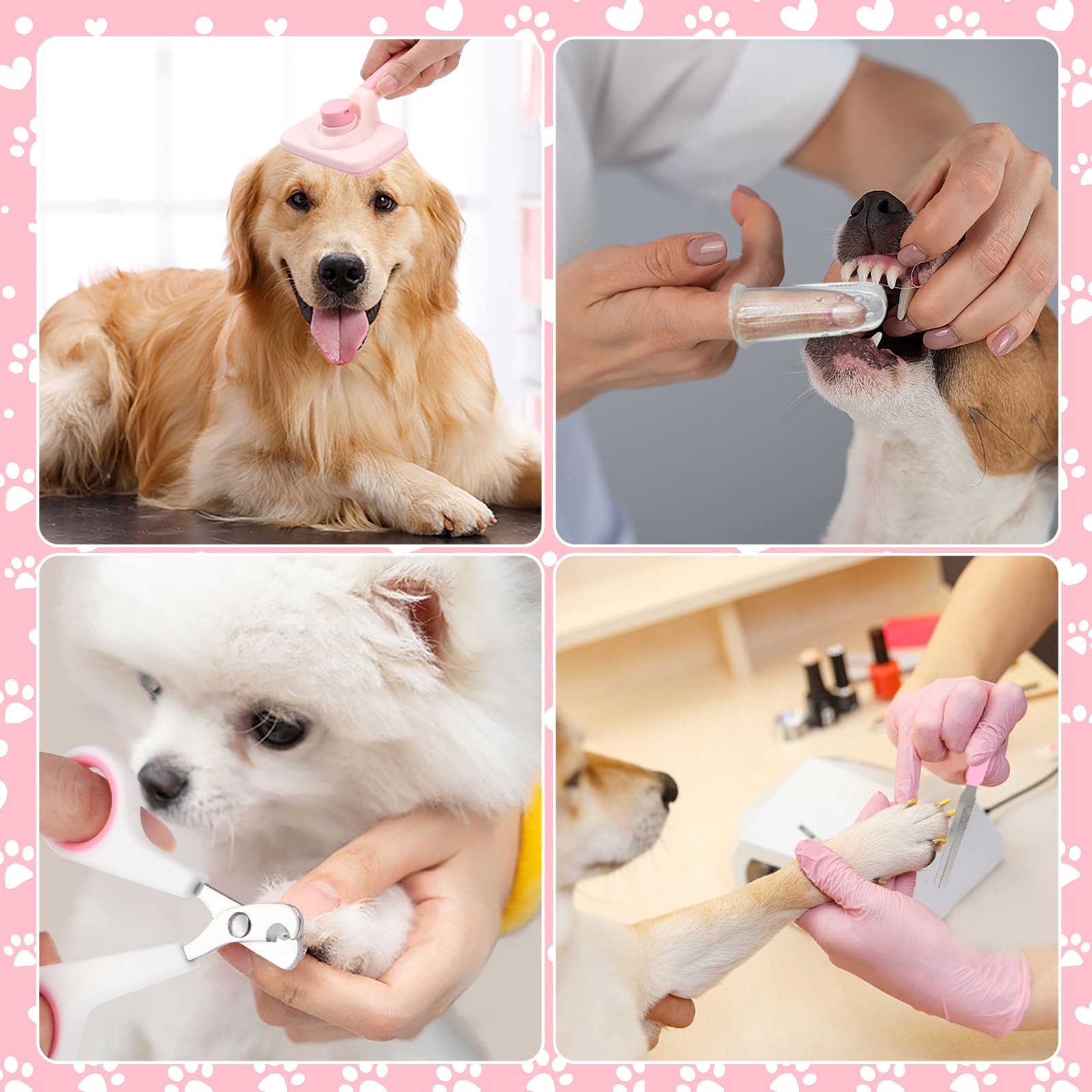 VCZONE 8 Pcs Dog Grooming Kit with Self Cleaning Tools - Professional Nail Clippers, Flea Comb, Shampoo Brush, Shedding Brush, Dematting Comb & Silicone Toothbrush for Small to Large Dogs (Pink) - Perfect for Home Pet Care, Bathing, and Coat Maintenance