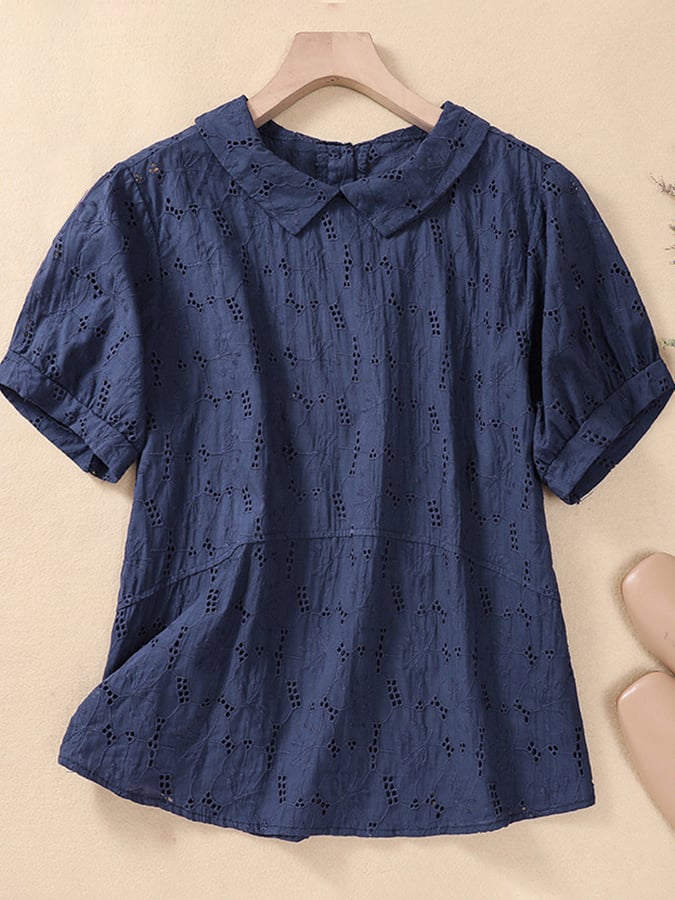 Lovevop Women's Cotton Peter Pan Collar Hollow Embroidered Sleeves Casual Blouse - Perfect for Office Wear, Dating & Spring Outfits