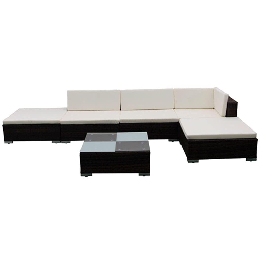 6-Piece Brown Poly Rattan Garden Lounge Set with Cushions & Glass Coffee Table - Outdoor Patio Furniture Sectional Sofa Conversation Set for Backyard, Poolside & Deck Relaxation