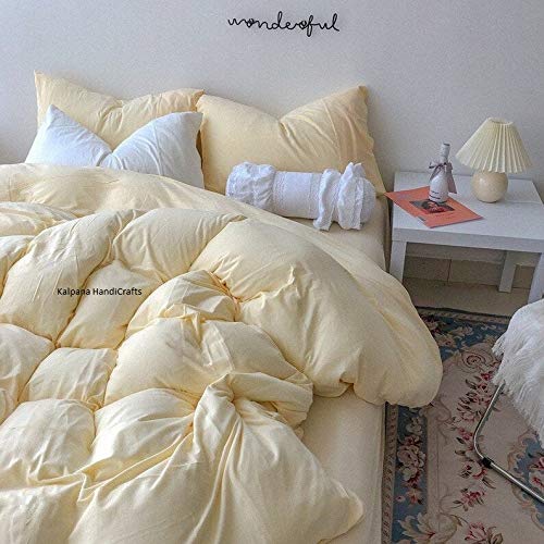 Pastel Yellow Washed Cotton Reversible Duvet Cover Set - Queen Size for Cozy Bedroom