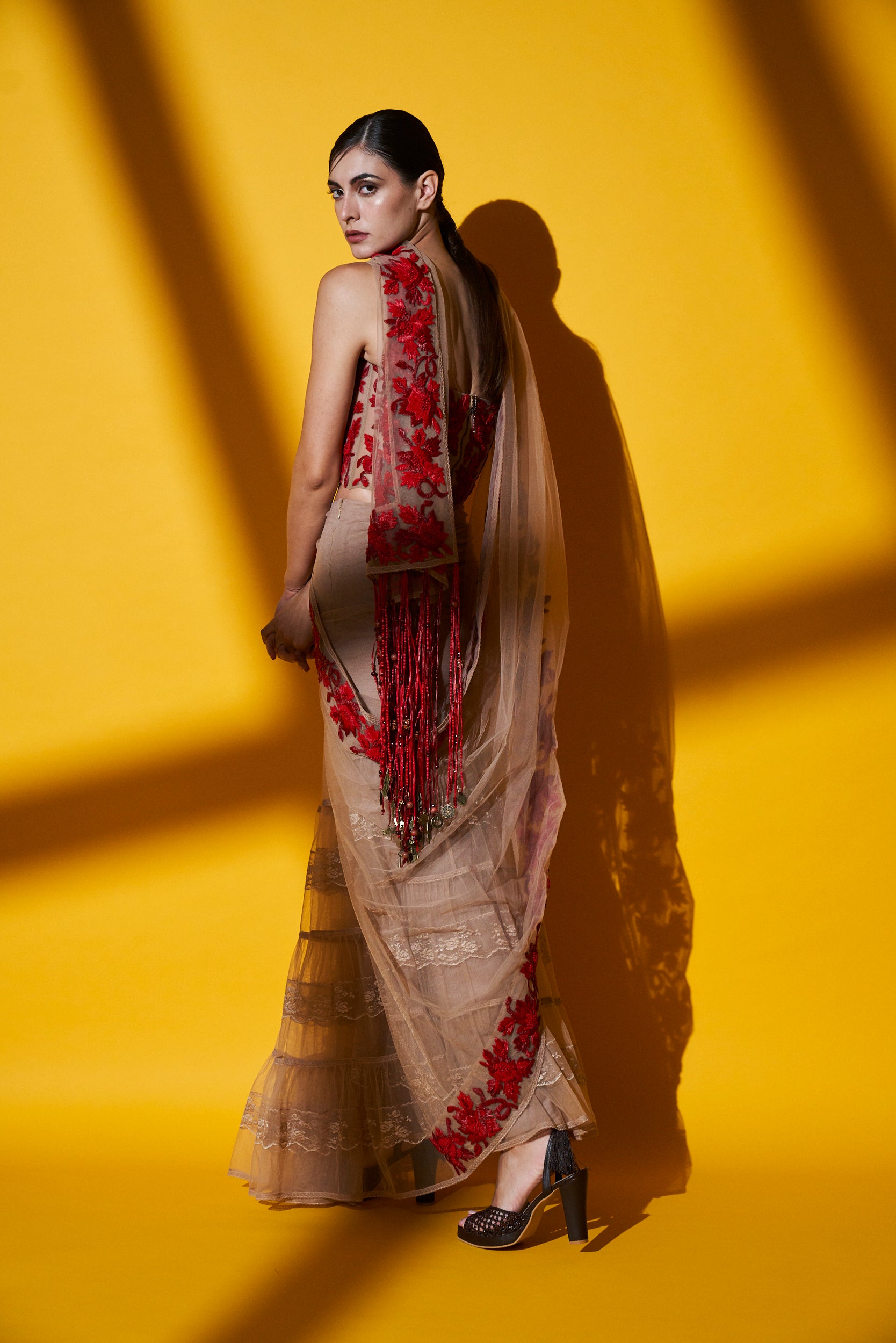 Elegant Blush Pink Pleated Saree with Corset Blouse & Red Raffia Embroidery - Perfect for Weddings, Parties and Special Occasions