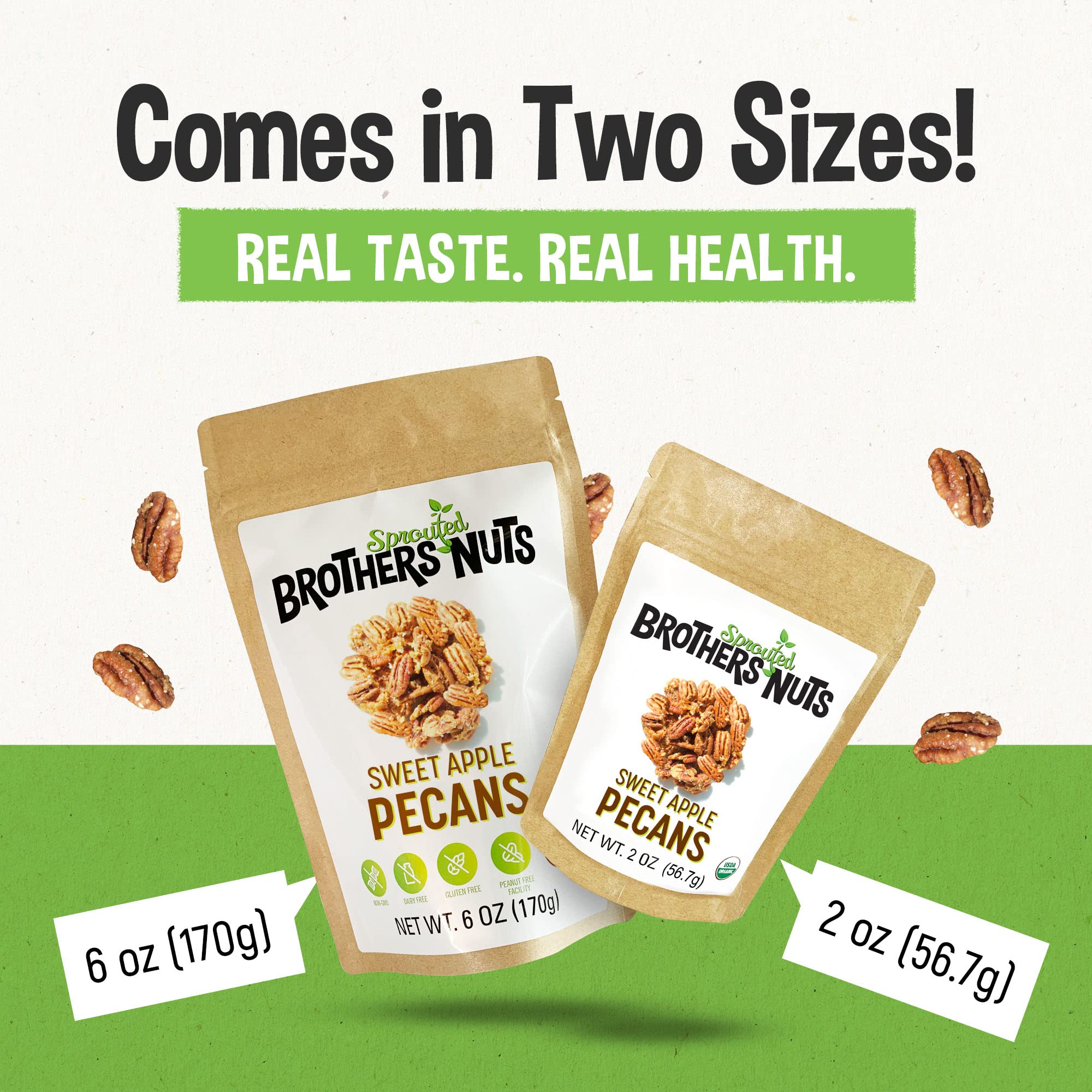 Brothers Nuts - Sweet Apple Flavored Pecans | Natural, Gluten-Free, Vegan, Keto Friendly Snacks | Sprouted Pecans Halves & Pieces | No Preservatives, All Natural Ingredients | 2 oz Pack | Perfect for Healthy Snacking, Baking, Salads & Trail Mixes