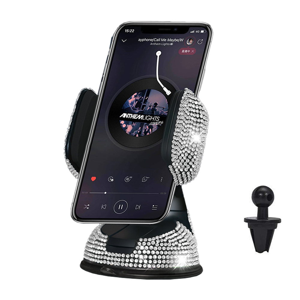 LYCARESUN Bling Car Phone Holder - 360° Adjustable & Stable Crystal Universal Phone Mount for Car, Windshield Dashboard Air Vent Stand - Mini Car Accessories for Women & Girls (White) - Perfect for Commuting, Road Trips & GPS Navigation
