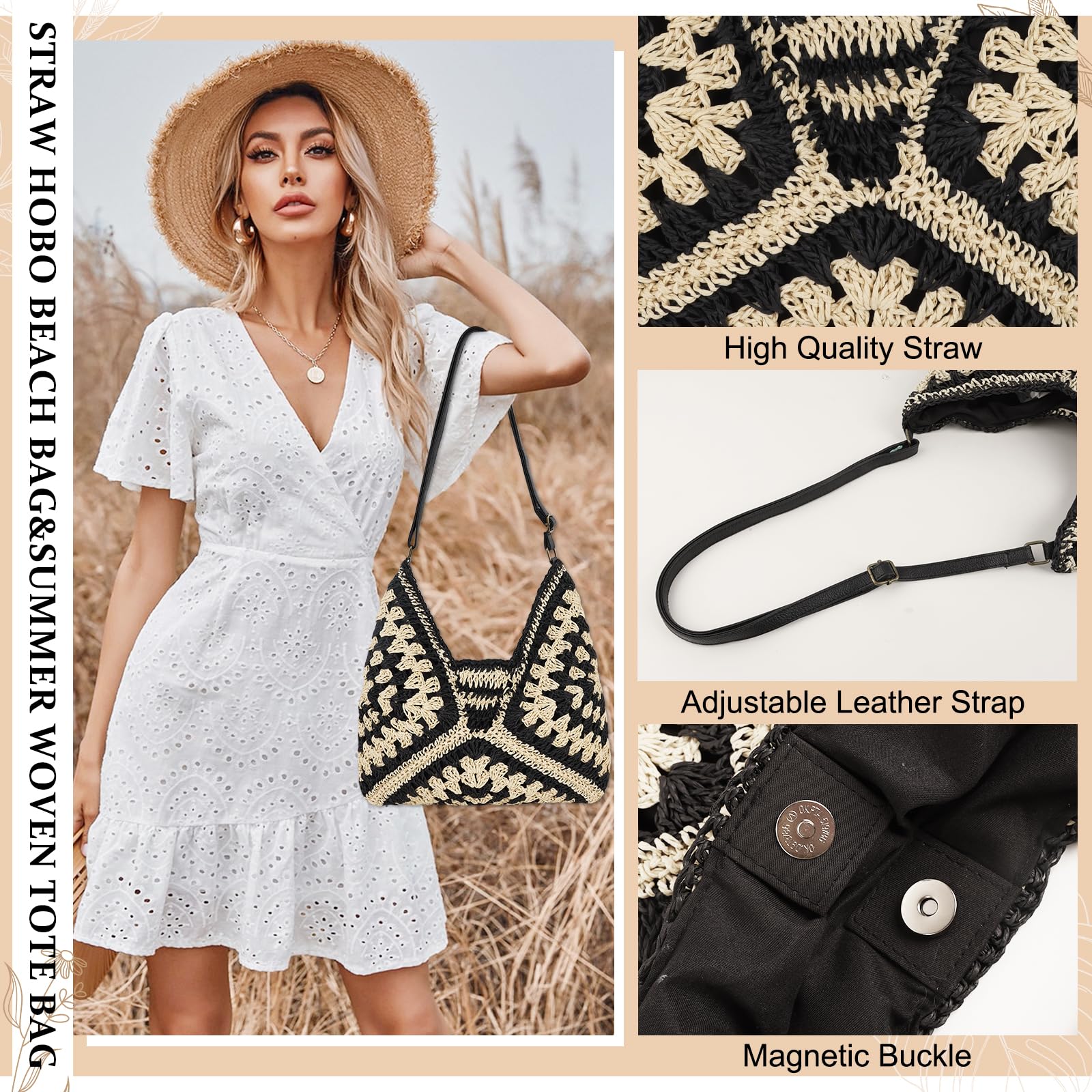 Stylish Woven Straw Hobo Beach Bag for Women - Vintage Crochet Shoulder Tote, Foldable Travel Handbag | Perfect for Summer Vacations, Poolside Lounging & Weekend Getaways
