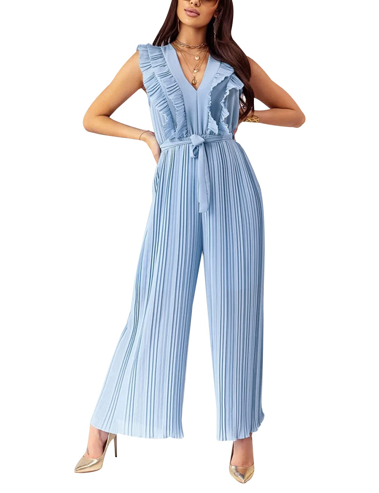 Gihuo Women's Elegant V-Neck Sleeveless Ruffle Jumpsuit with Belt & Wide Leg - Perfect for Summer Weddings, Beach Vacations & Date Nights