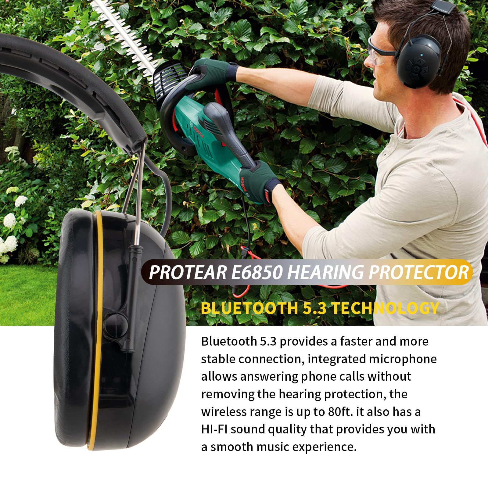 Upgraded E6850 Bluetooth Hearing Protection with Noise Reduction, Integrated Microphone & High-Fidelity Speakers, 120H+ Playtime, NRR 25 dB Ear Muffs for Mowing, Workshop, Shooting, and Outdoor Activities