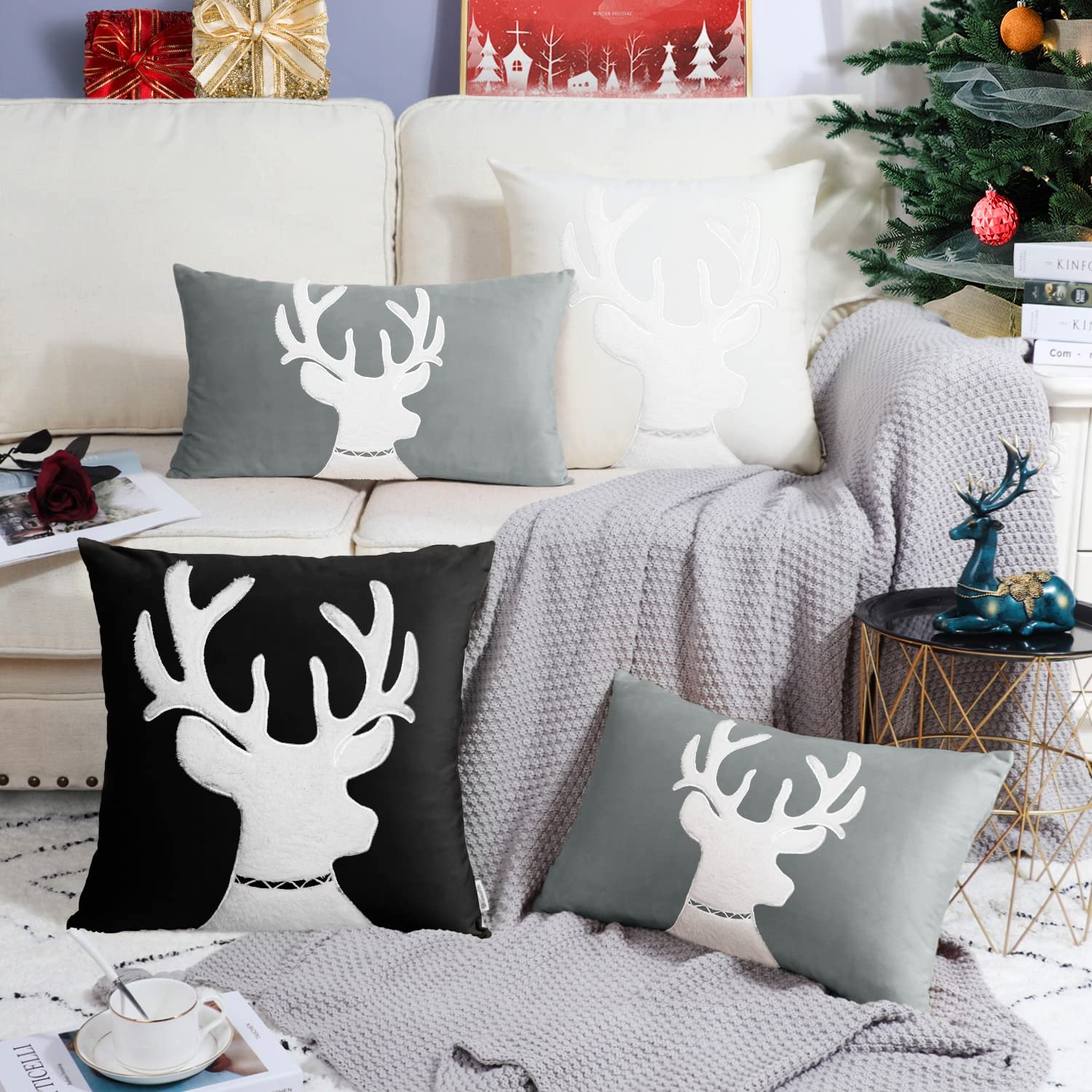 BRAWARM Christmas Pillow Cover 20x20 Inches - Black Reindeer Embroidered Velvet Throw Pillow for Couch, Bed, Sofa - Cozy Holiday Decor for Living Room & Home